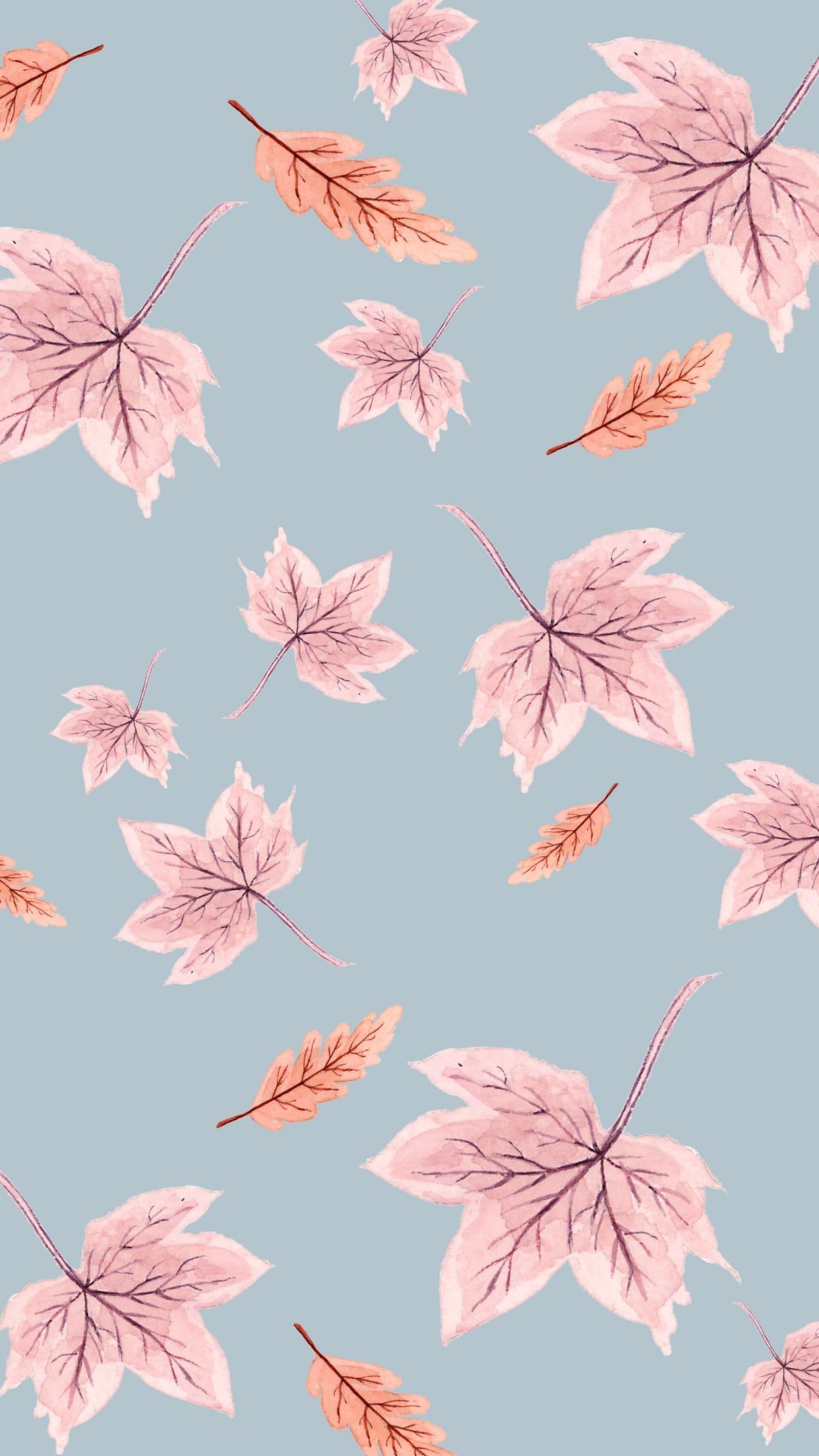 Iphone wallpaper autumn leaves, pink and orange leaves on a blue background - Leaves, cute fall, fall iPhone