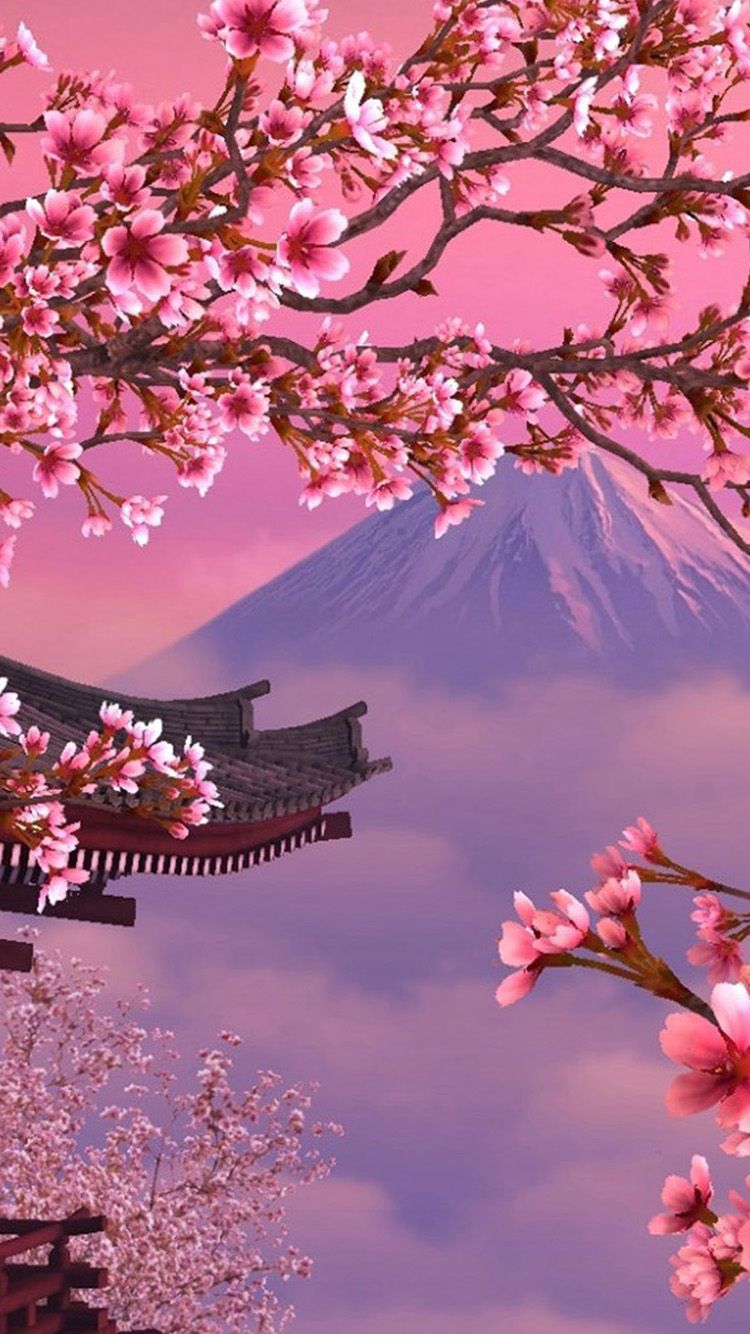 A pink and purple Japanese painting of cherry blossoms and a pagoda with Mount Fuji in the background - Cherry blossom, cherry