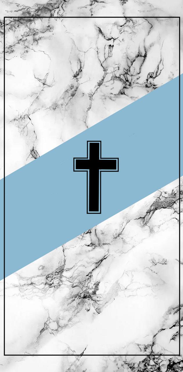 IPhone wallpaper with a black cross on a blue and white marble background - Cross
