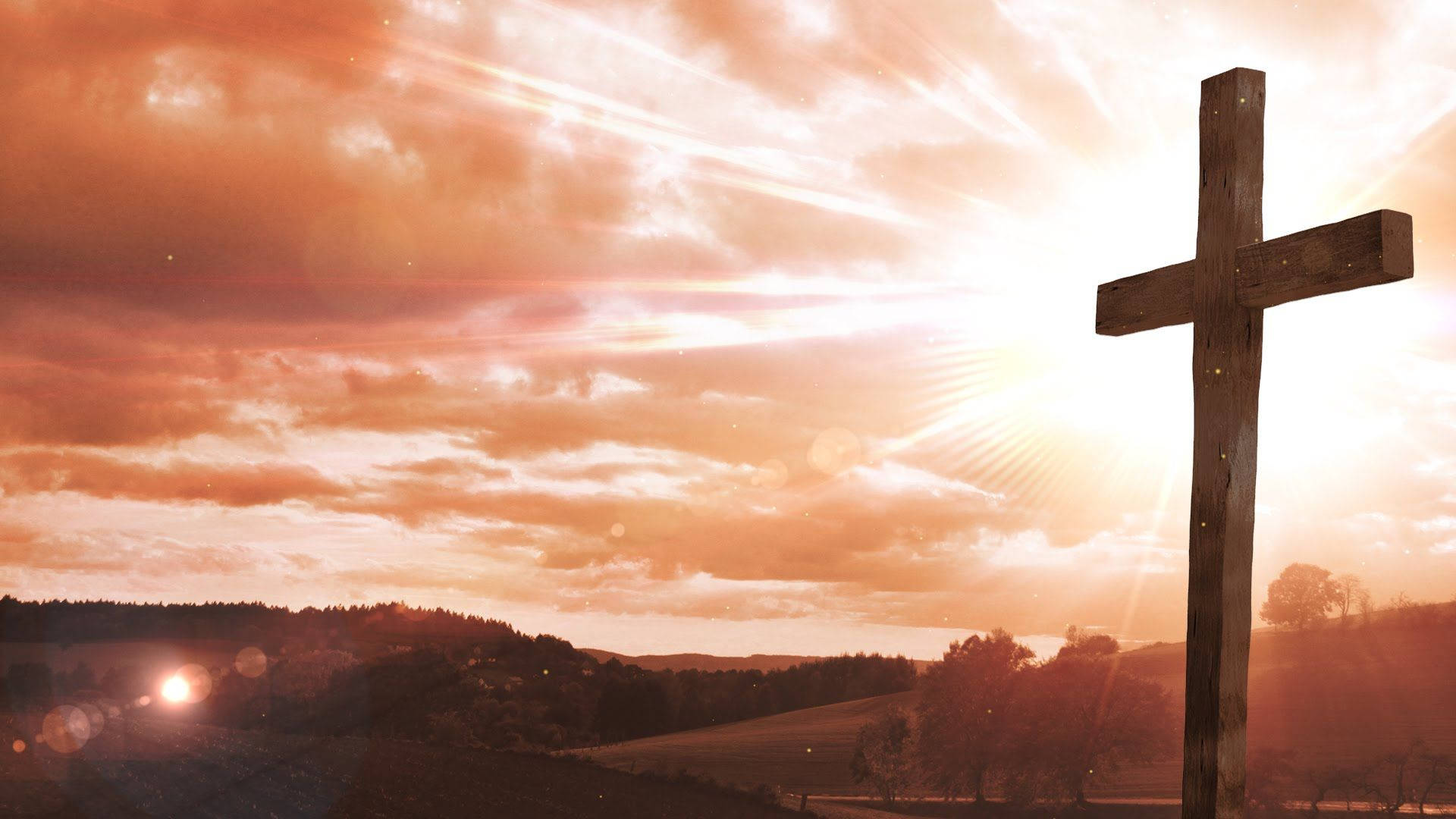 A wooden cross standing in a field with the sun rising behind it. - Cross