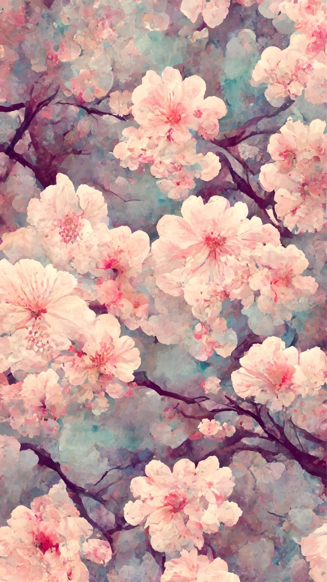 A watercolor painting of pink flowers on branches - Cherry blossom