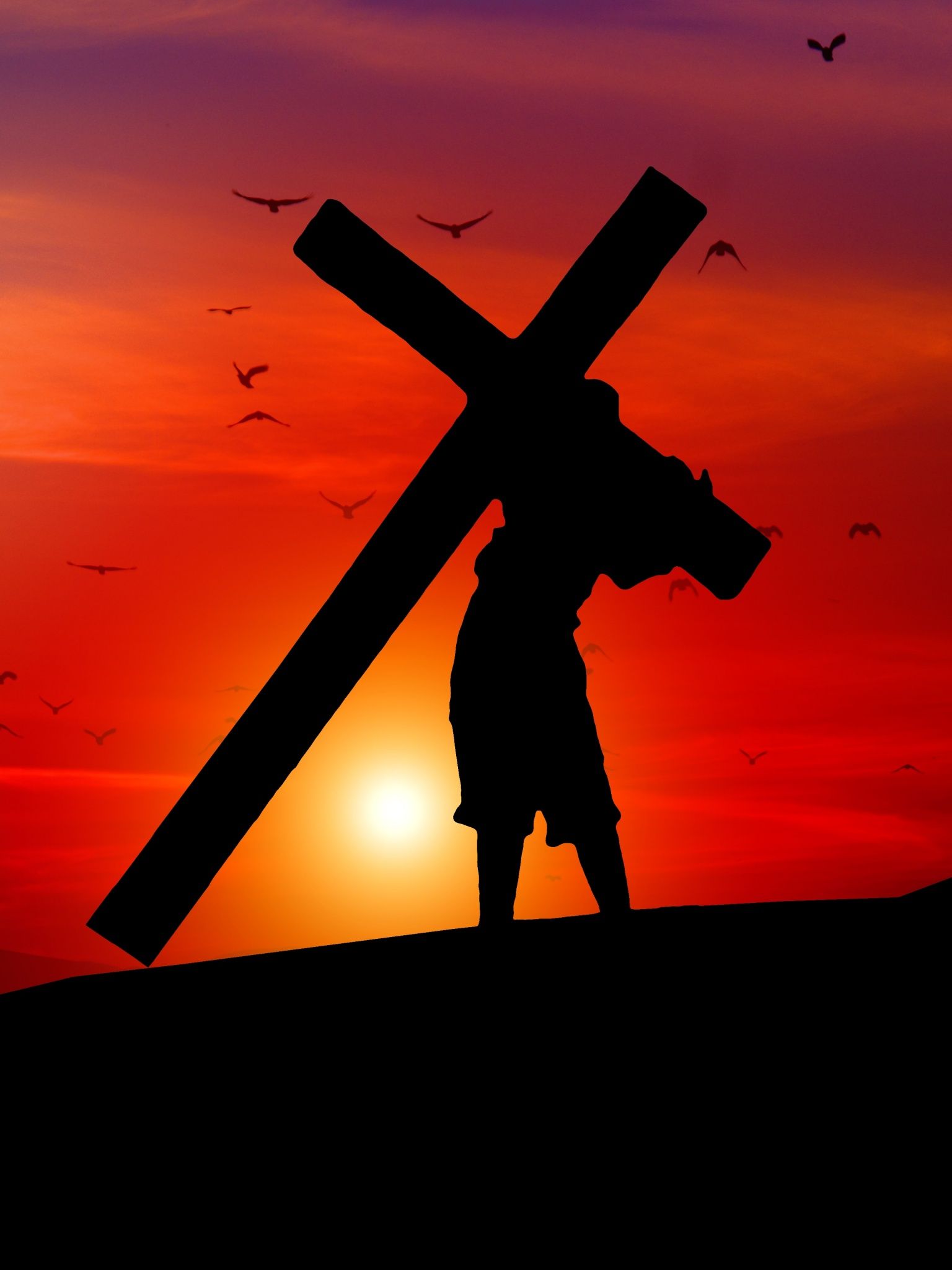 A silhouette of a man carrying a cross on his shoulders. - Jesus, cross