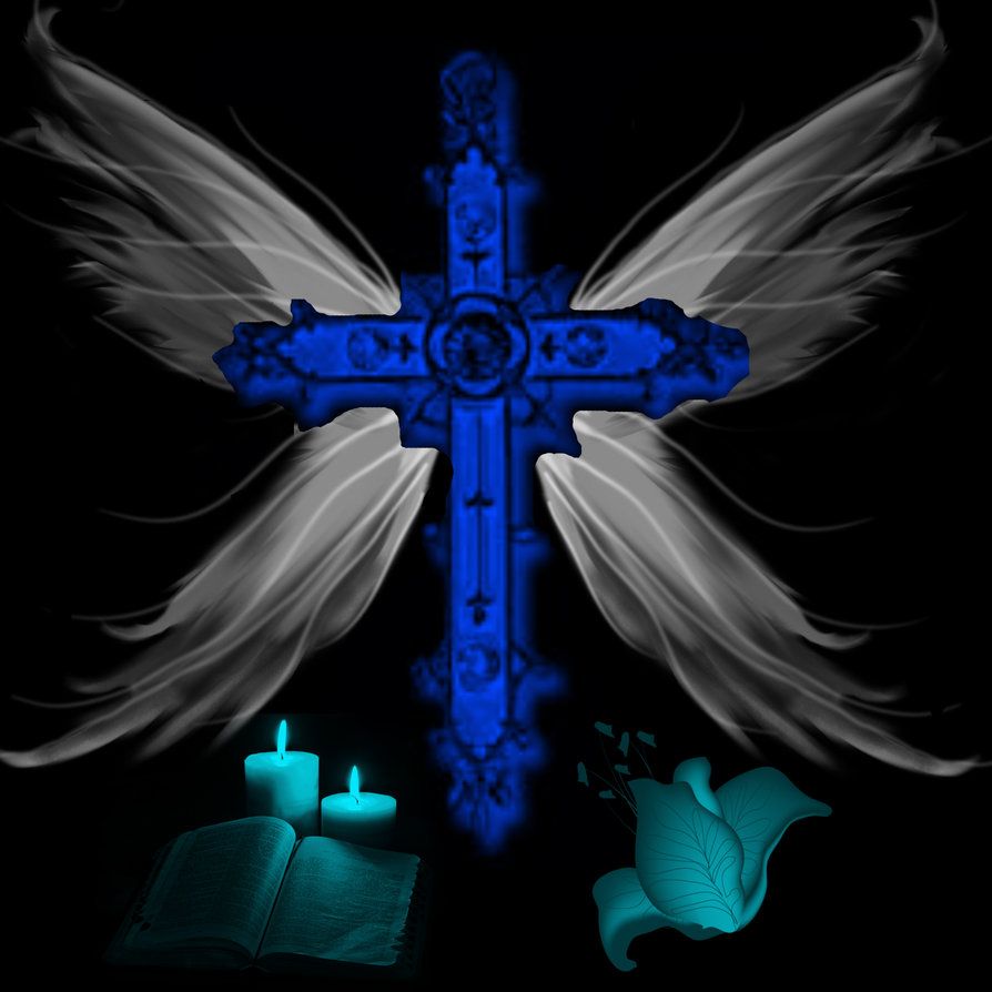 A cross with wings and candles in front of it - Cross