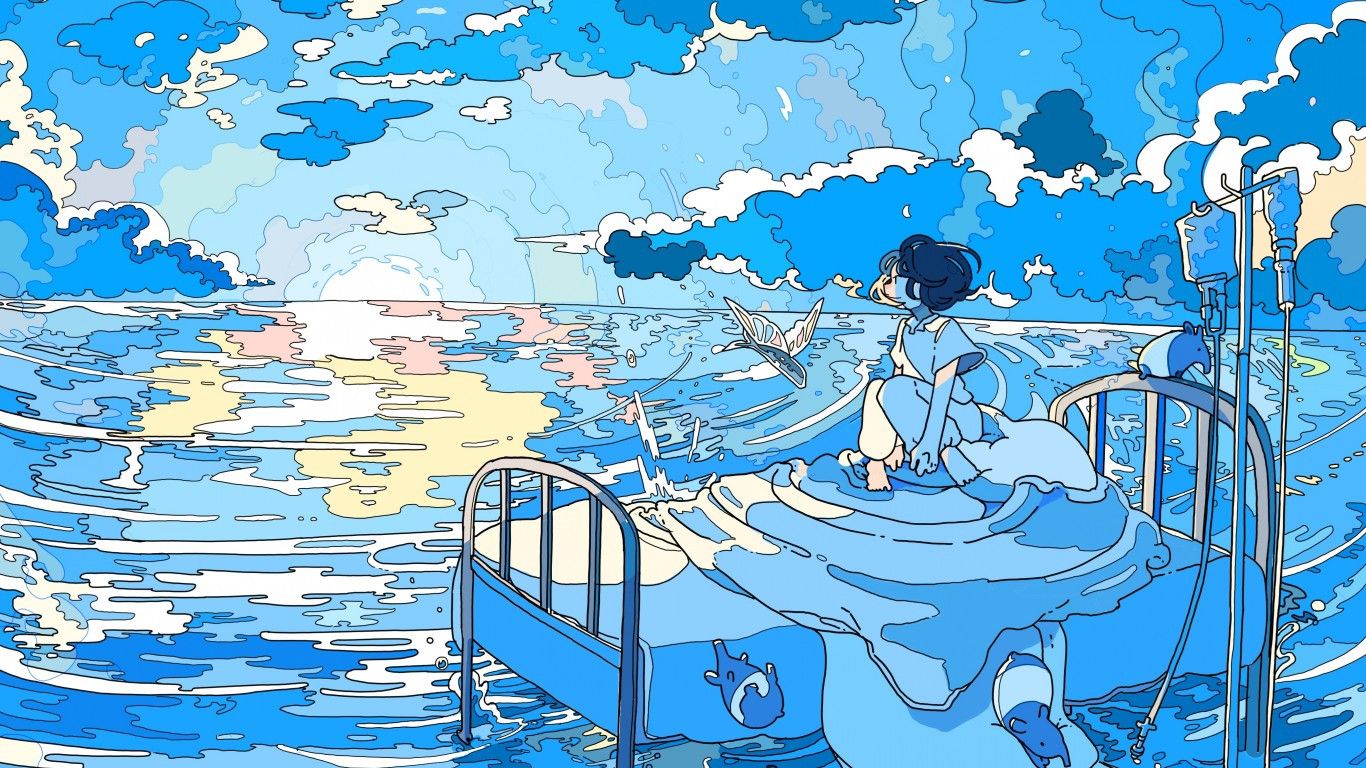 A girl in a hospital bed, floating in the sea - Blue anime