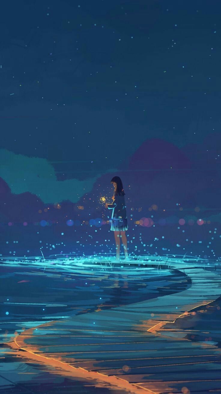 A girl walking on the beach with stars in her hair - Blue anime
