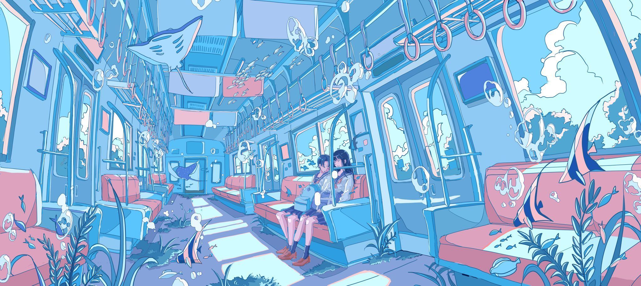 A woman sitting on the train with her headphones - Blue anime