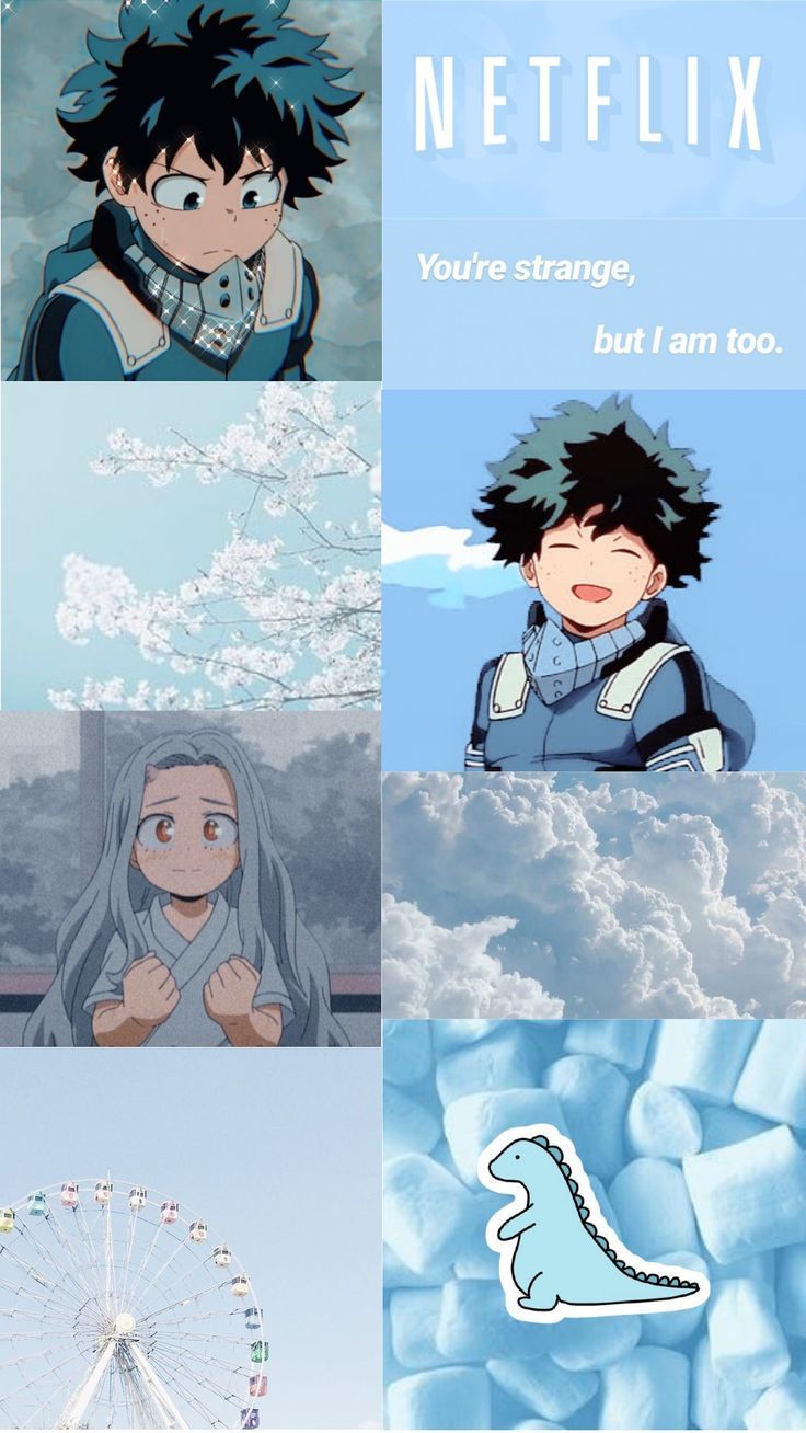 Aesthetic background of blue and white with images of characters from My Hero Academia. - Blue anime