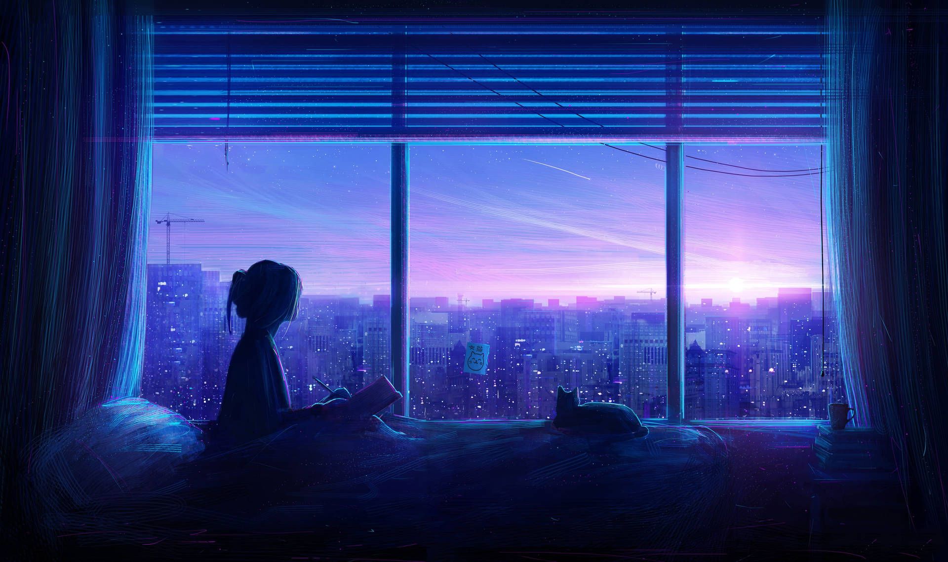 A girl and a cat are sitting on the bed and looking out the window at the city. - Blue anime
