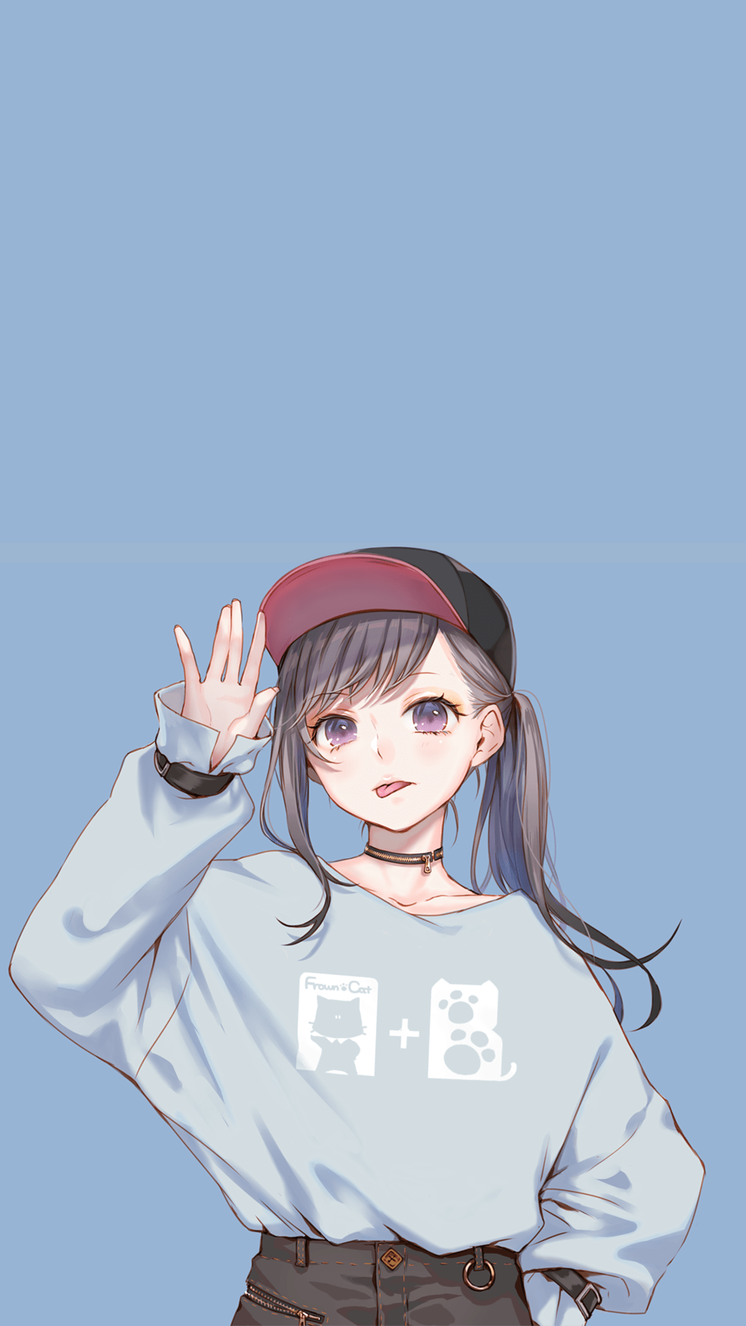 anime girl, blue background, ponytail, baseball cap, choker wallpaper 1080p, 1688x3000 Gallery HD Wallpaper