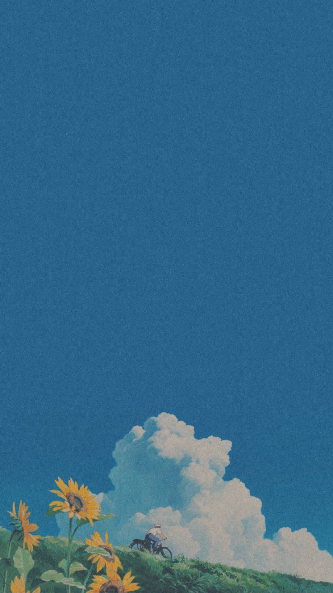 Anime aesthetic background blue sky with sunflowers and a bike - Blue anime