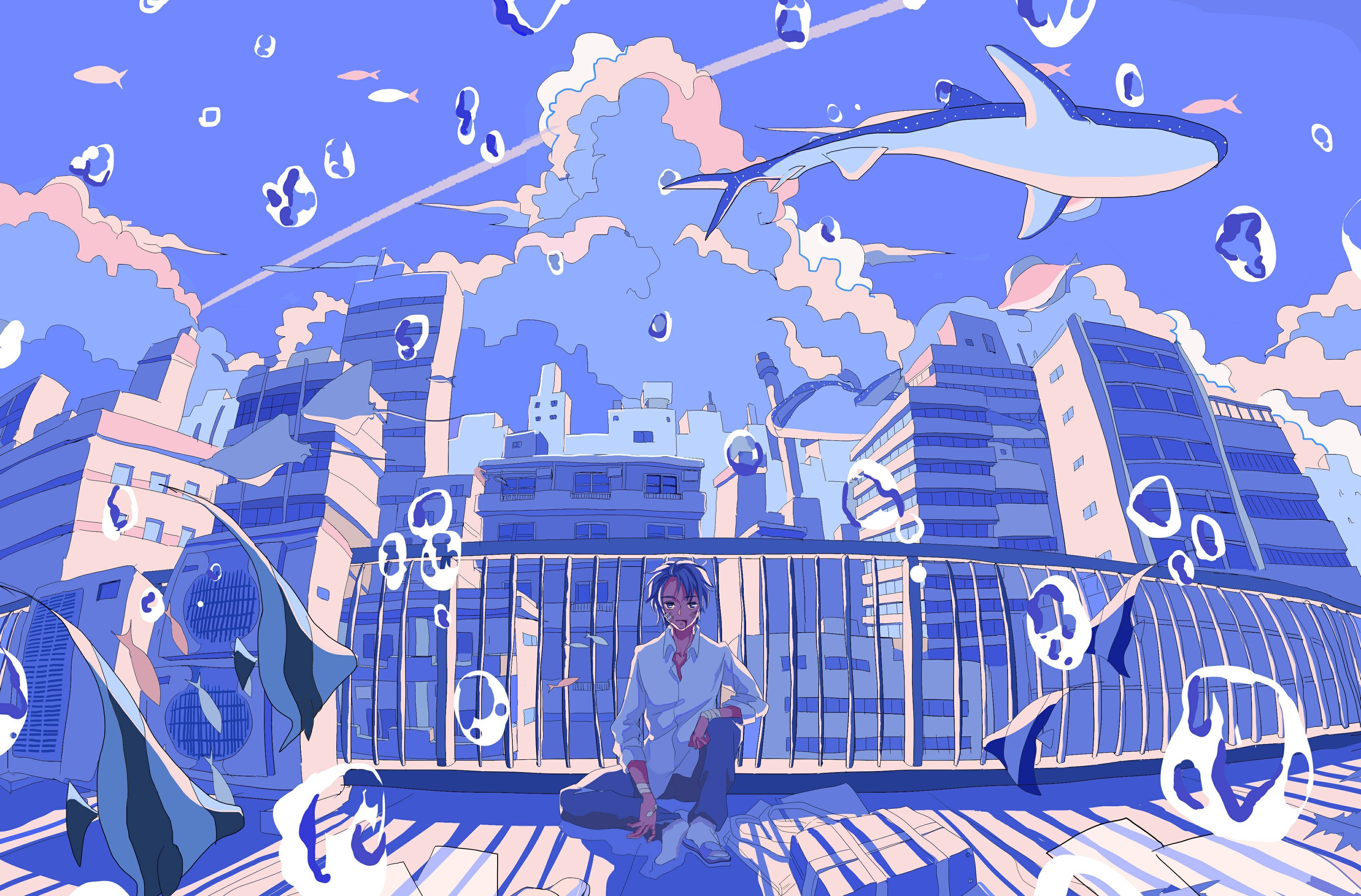 A digital artwork of a young person sitting on a rooftop surrounded by bubbles - Blue anime