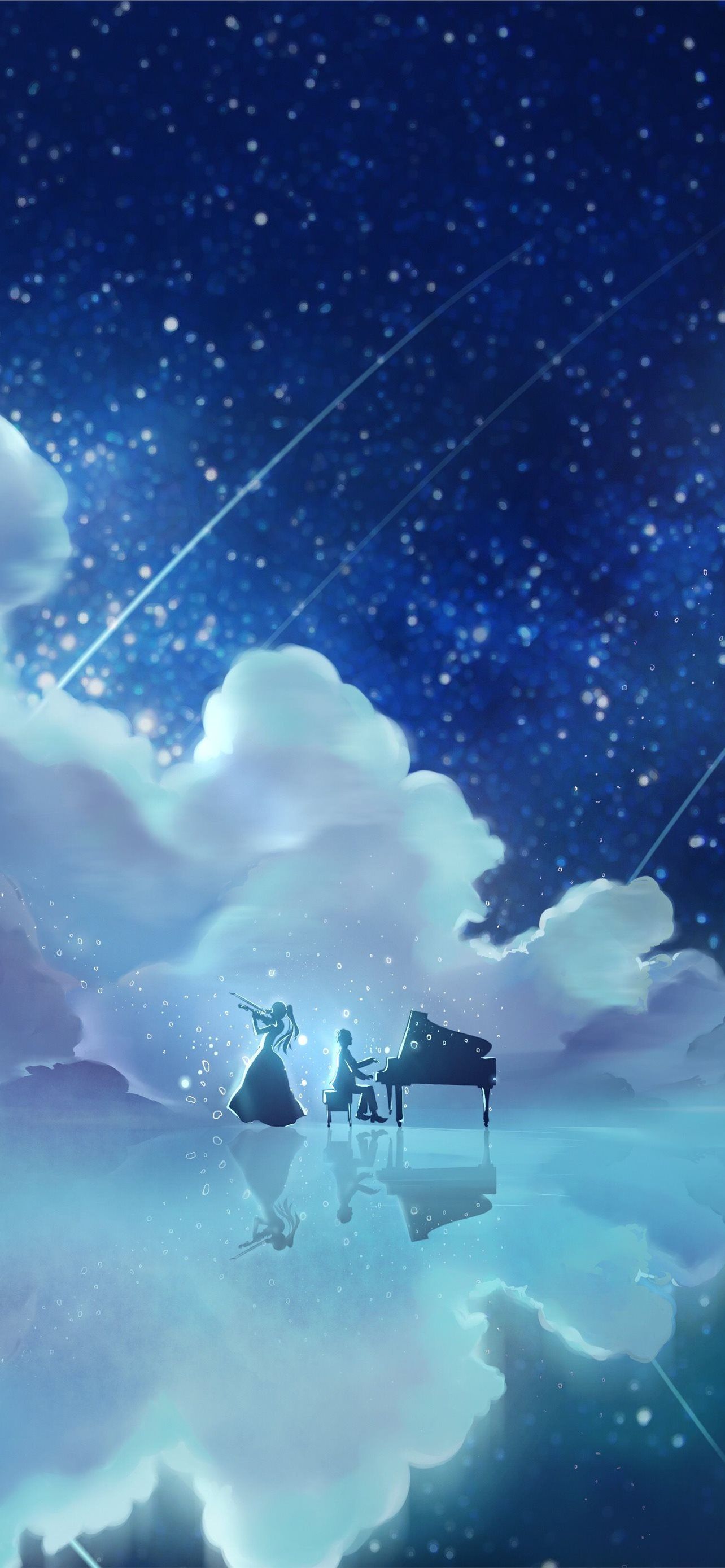 1080x2340, anime, night, stars, piano, clouds, girl, wallpaper - Blue anime