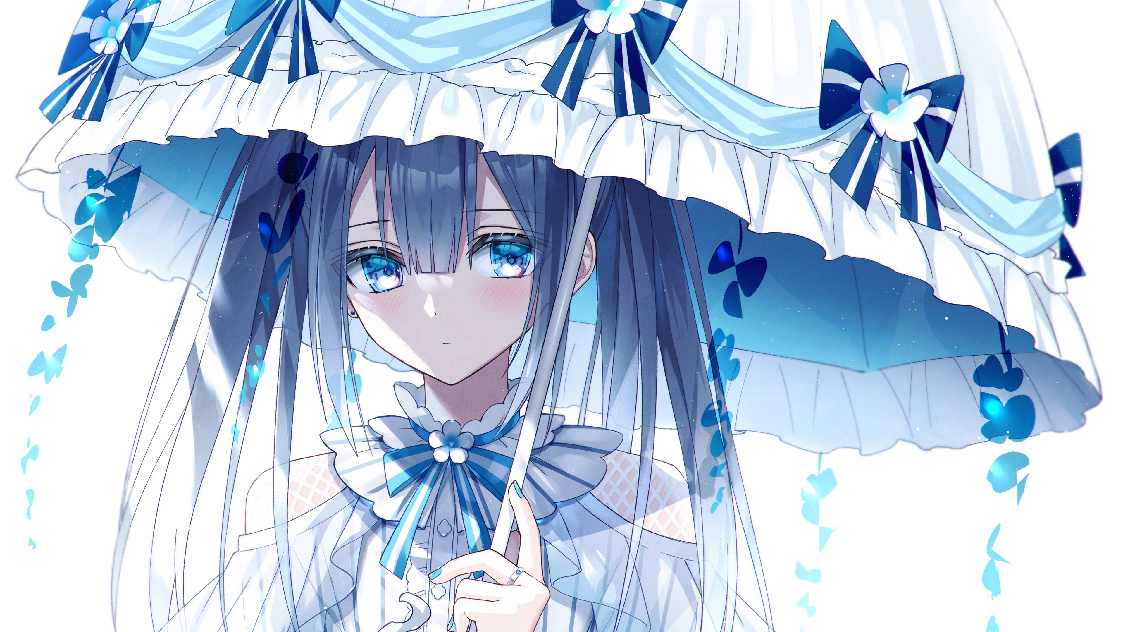 A cute anime girl with blue eyes and blue hair, holding a blue umbrella. - Blue anime