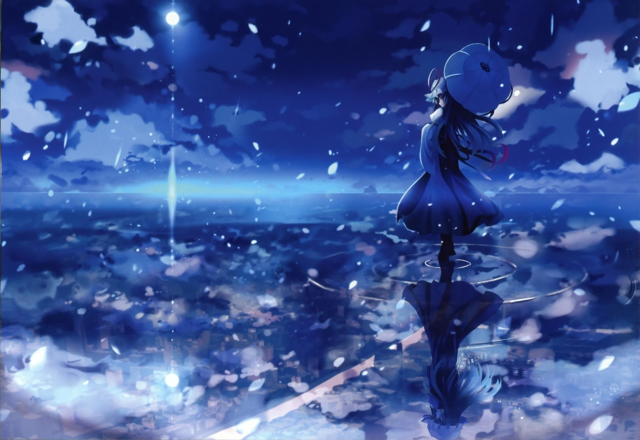 A blue anime girl stands in a large body of water at night, looking up at the stars. The sky is filled with stars and the girl is reflected in the water beneath her. The image has a dreamy and peaceful aesthetic. - Blue anime