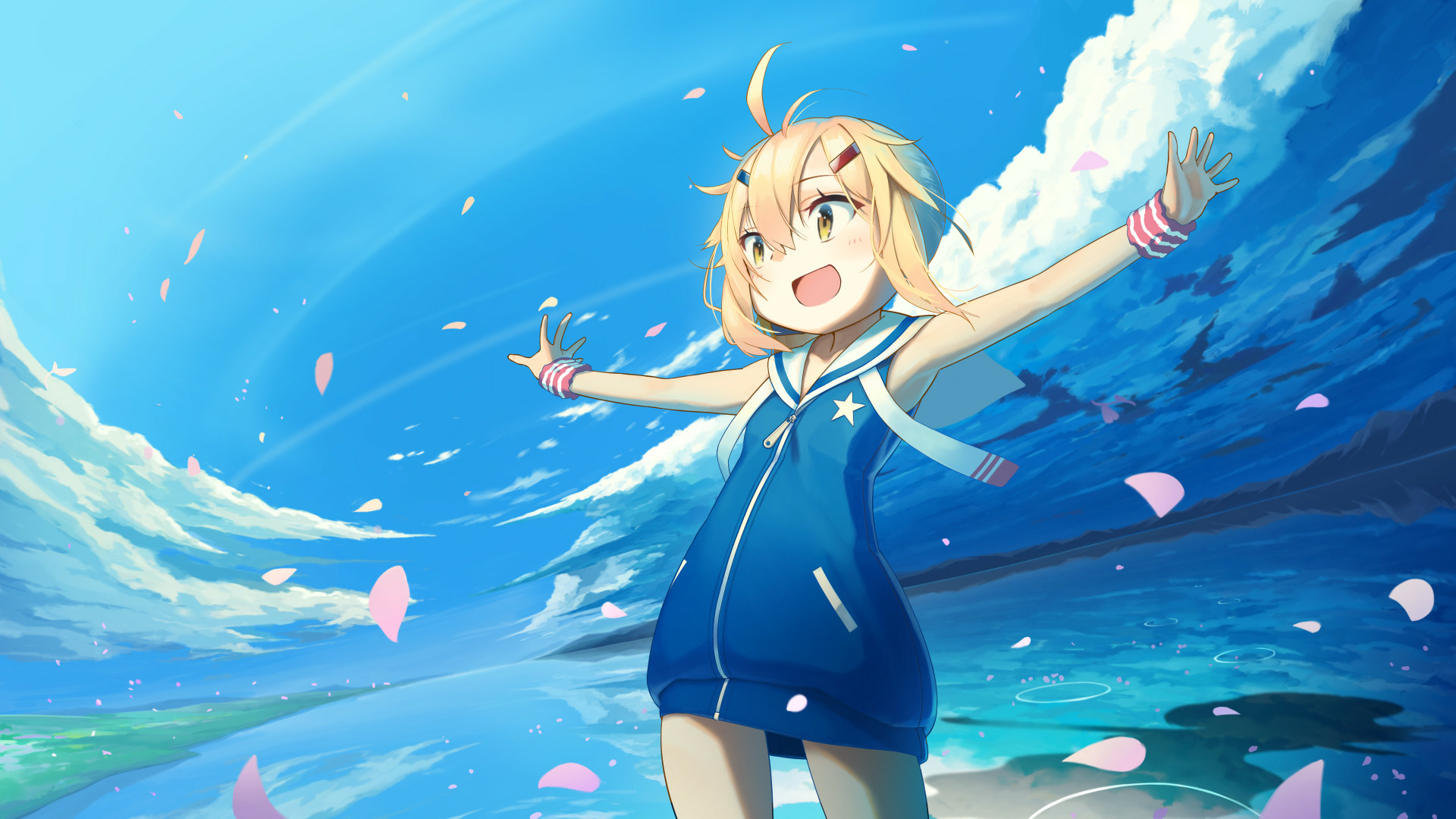 A girl in blue standing on the beach - Blue anime