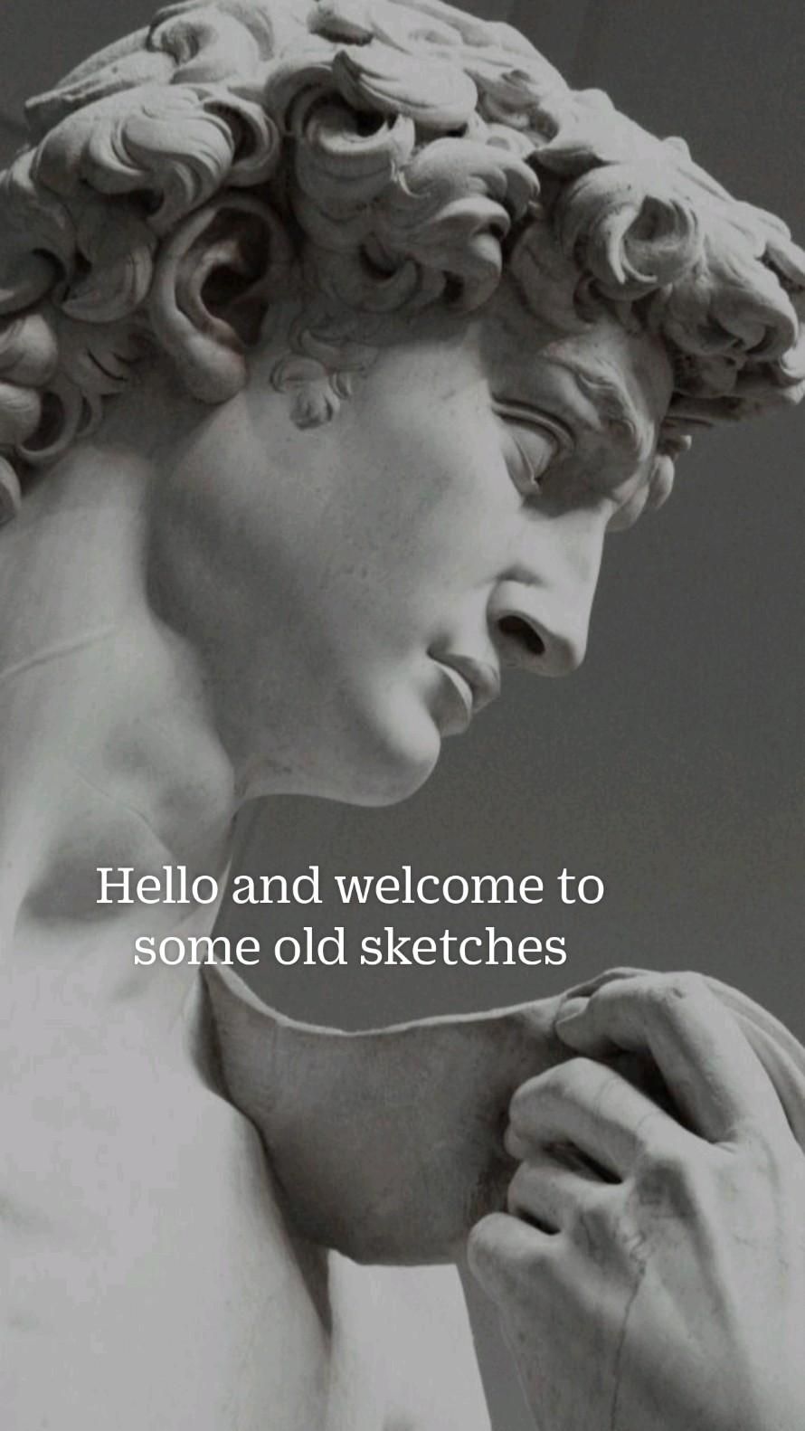A statue of david with the words hello and welcome to song old sketches - Greek statue