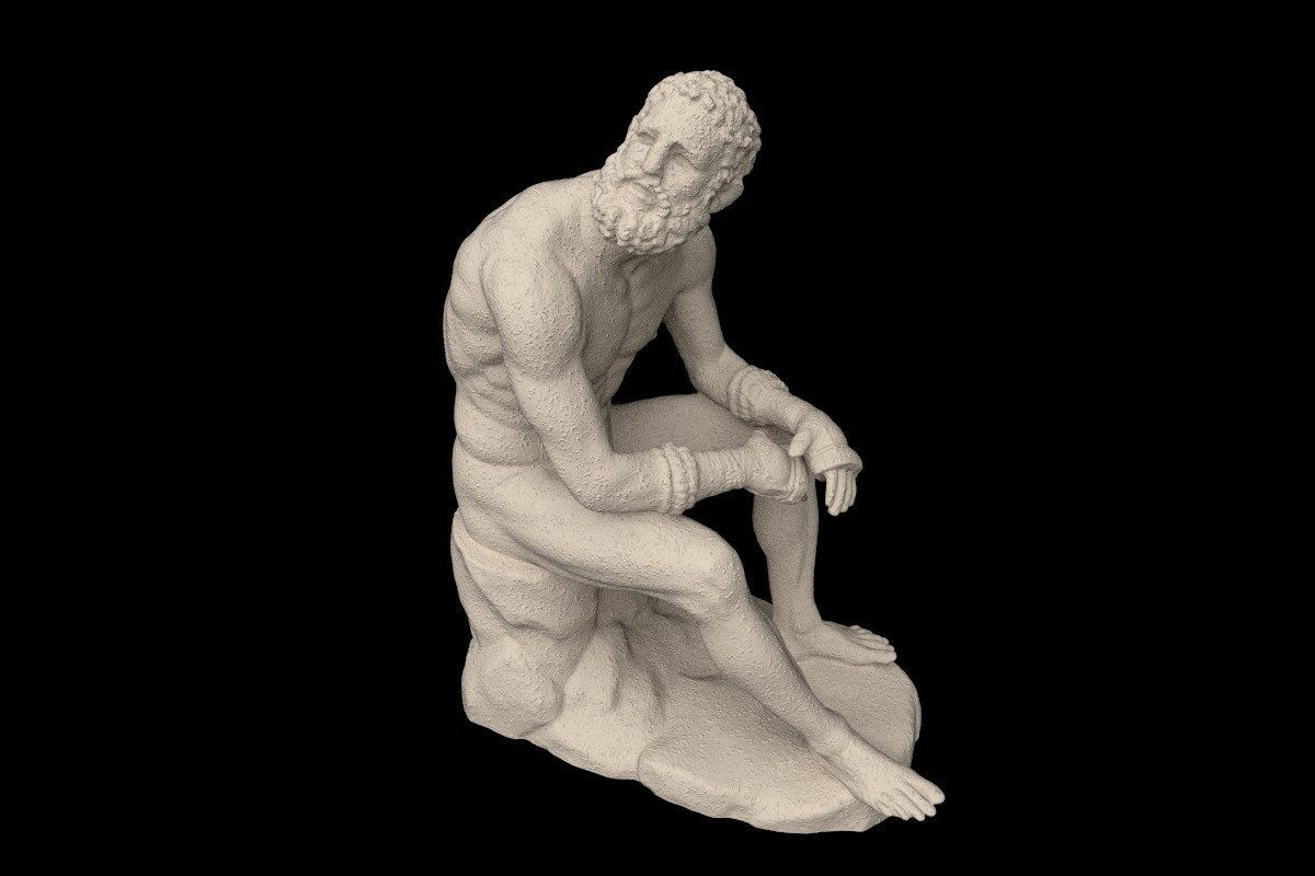 A sculpture of a man sitting on a rock, holding his knee - Greek statue