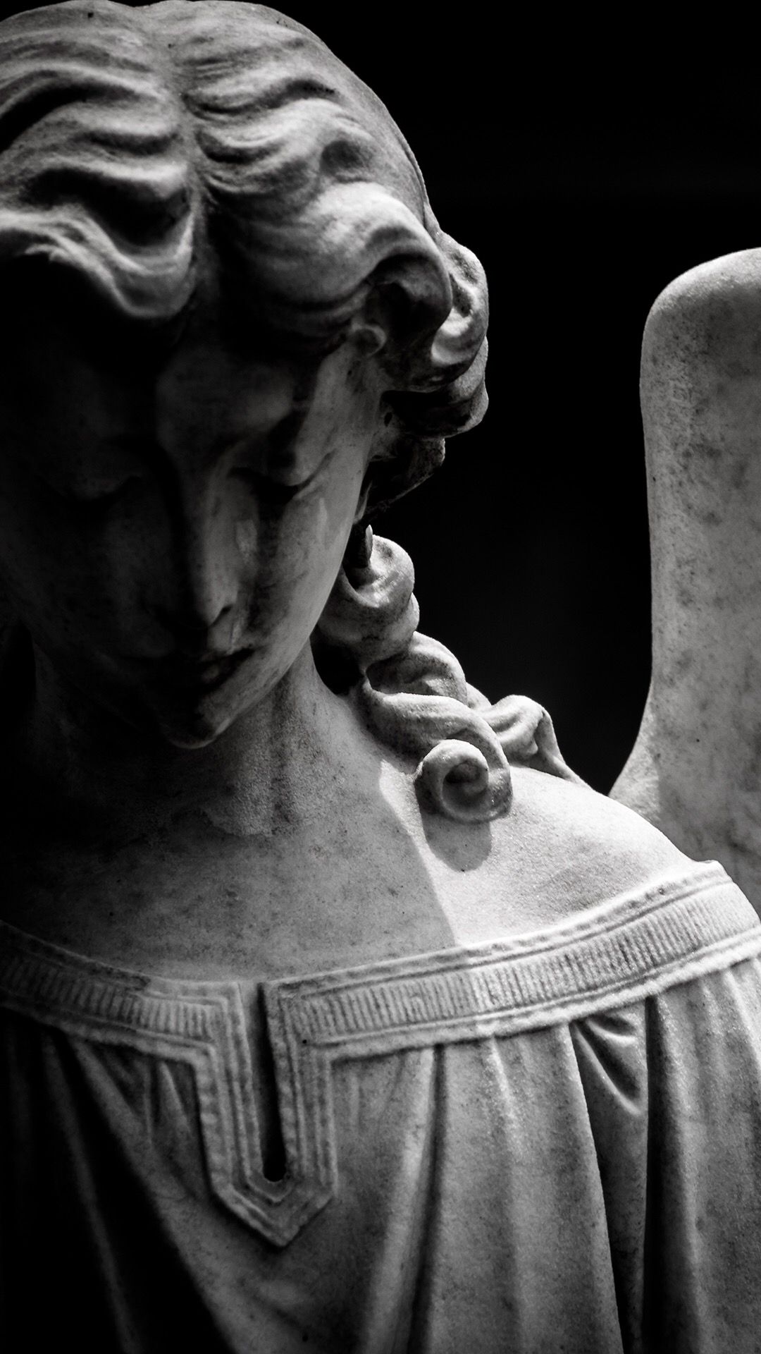 Grayscale photo of a sad angel - Greek statue, statue