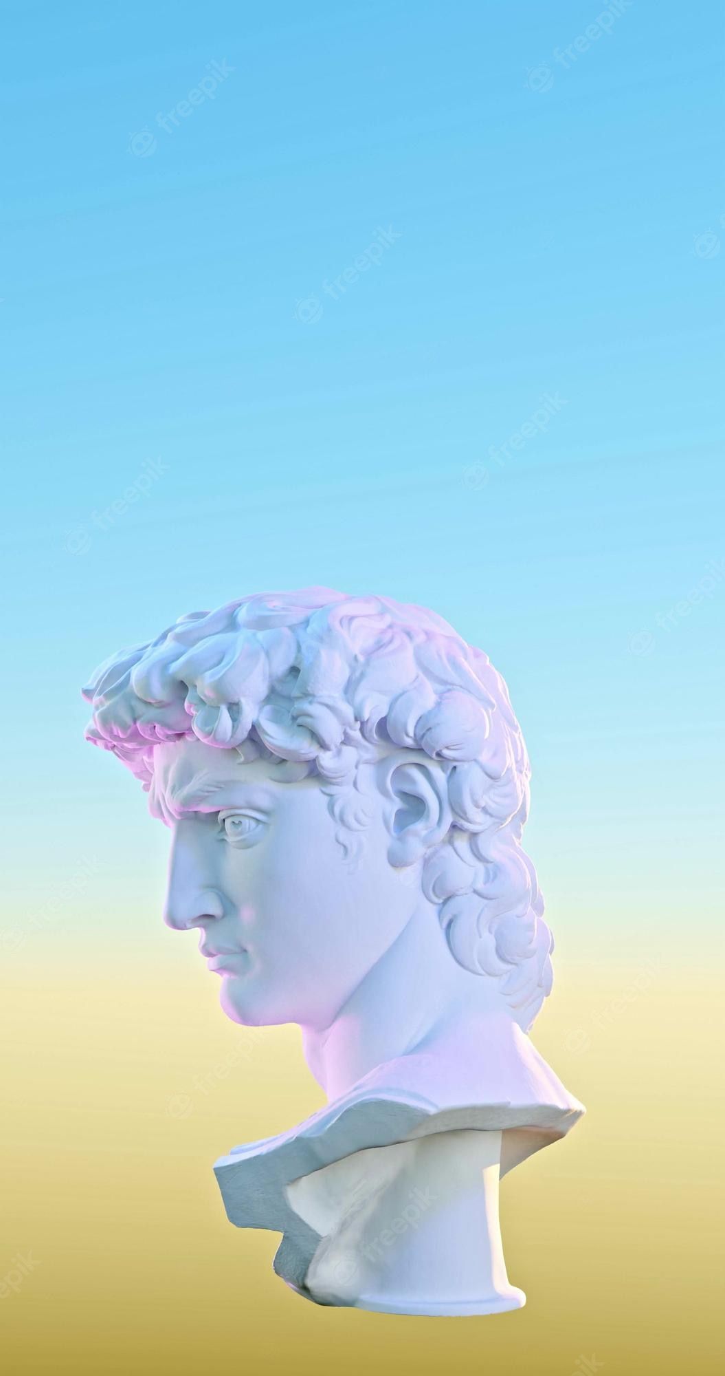 Gypsum statue of antique head on blue and yellow background. Concept art, surrealism, vaporwave. Place for your text. - Greek statue