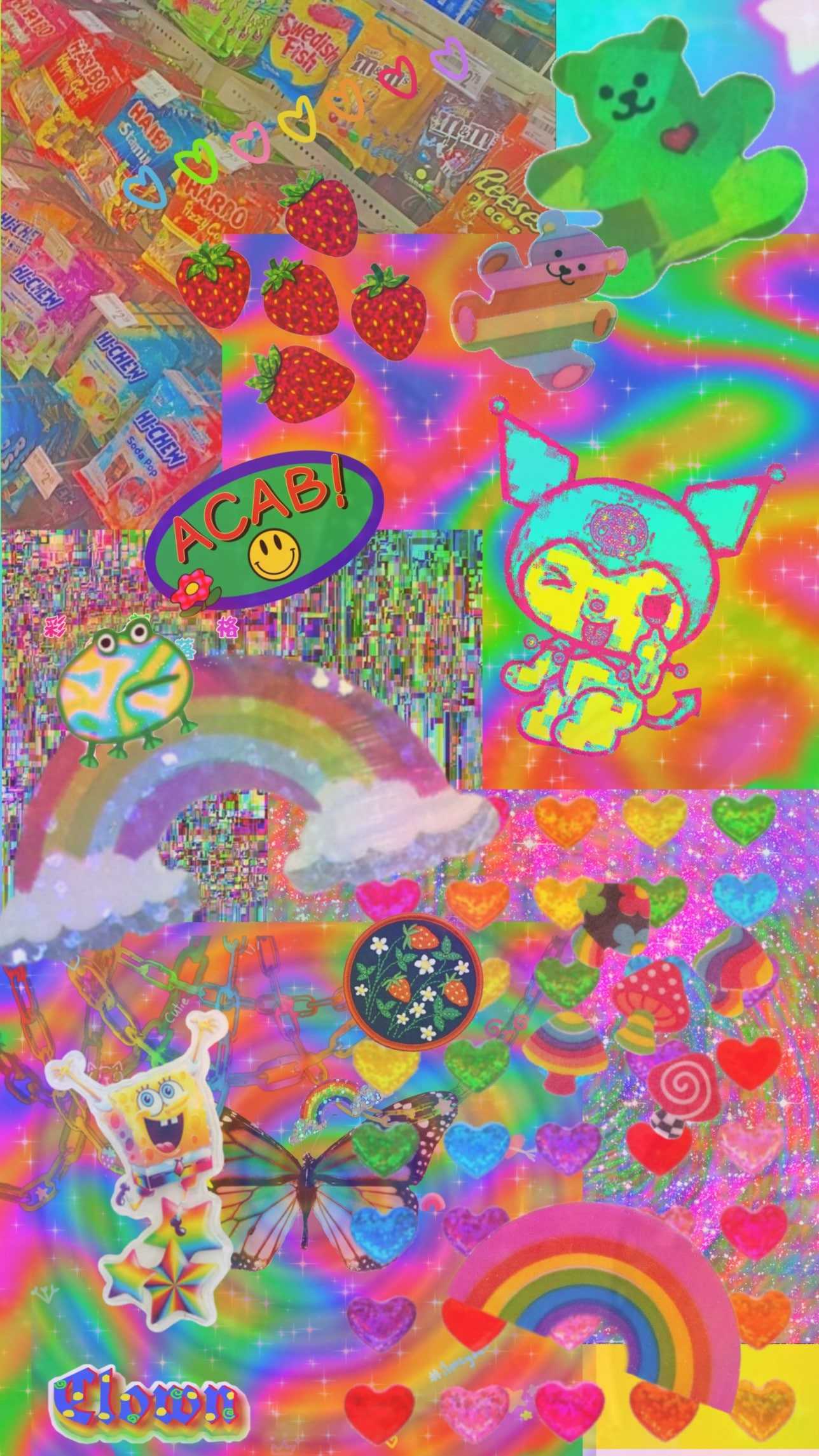 A colorful collage of Lisa Frank stickers and images. - Kidcore