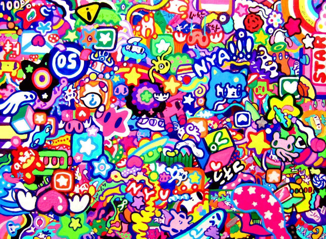 A colorful wall with lots of stickers - Webcore, kidcore, glitchcore, clowncore