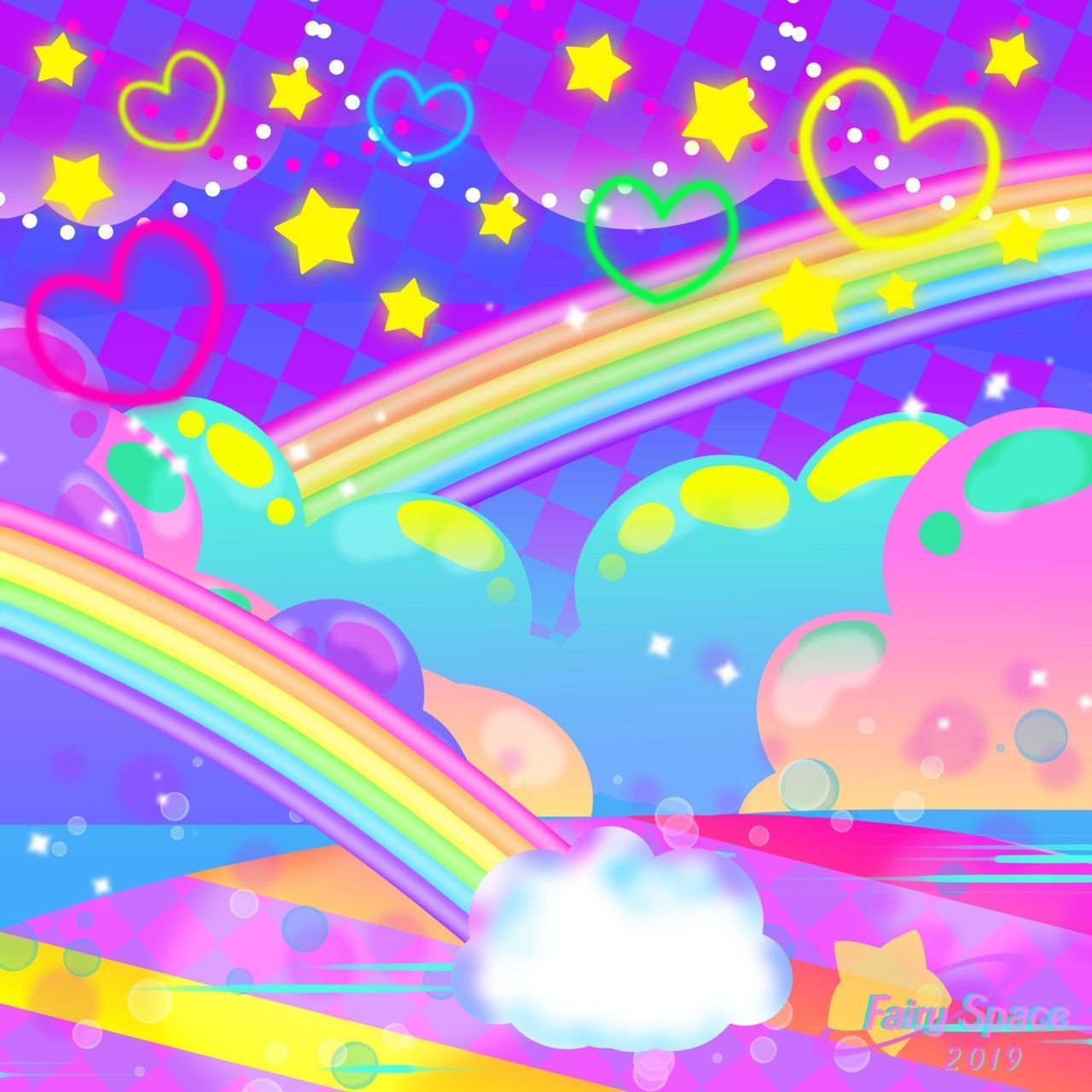 A digital drawing of a rainbow, clouds, and stars - Kidcore