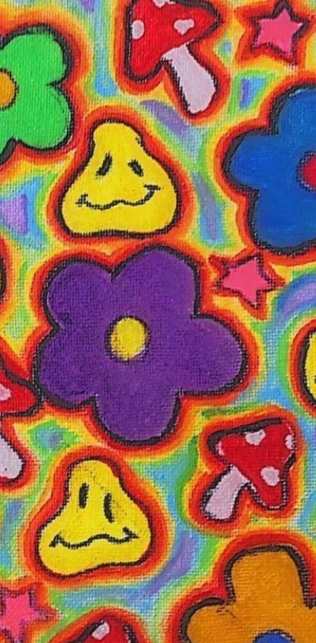 A painting of colorful flowers and mushrooms - Kidcore