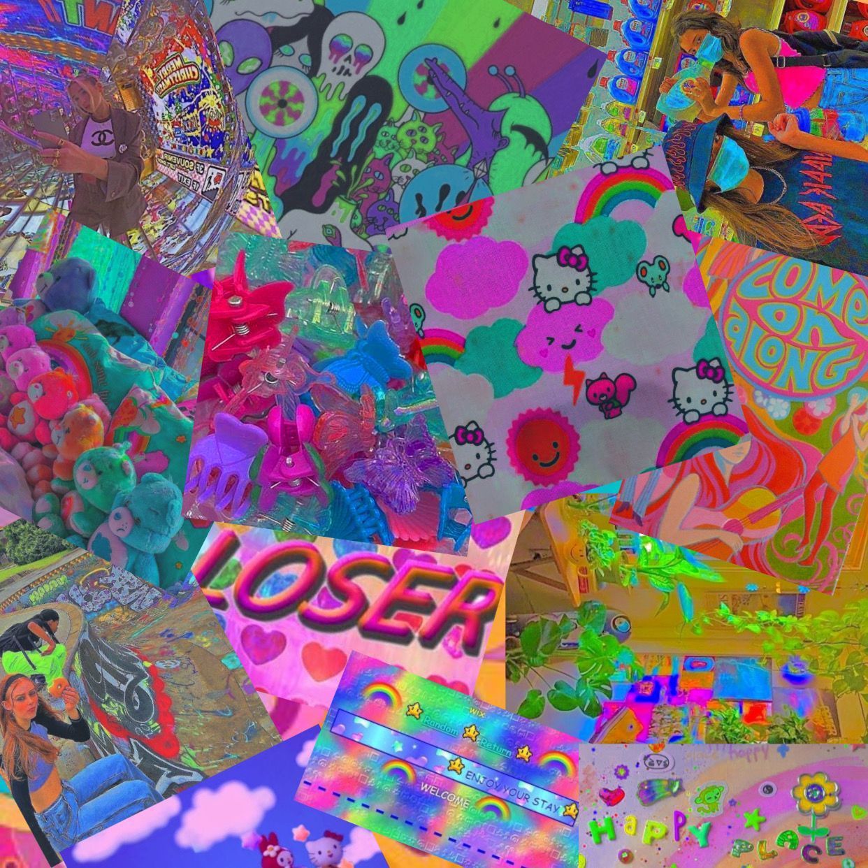 A colorful collage of images including a girl with a skateboard, a rainbow, and the word 