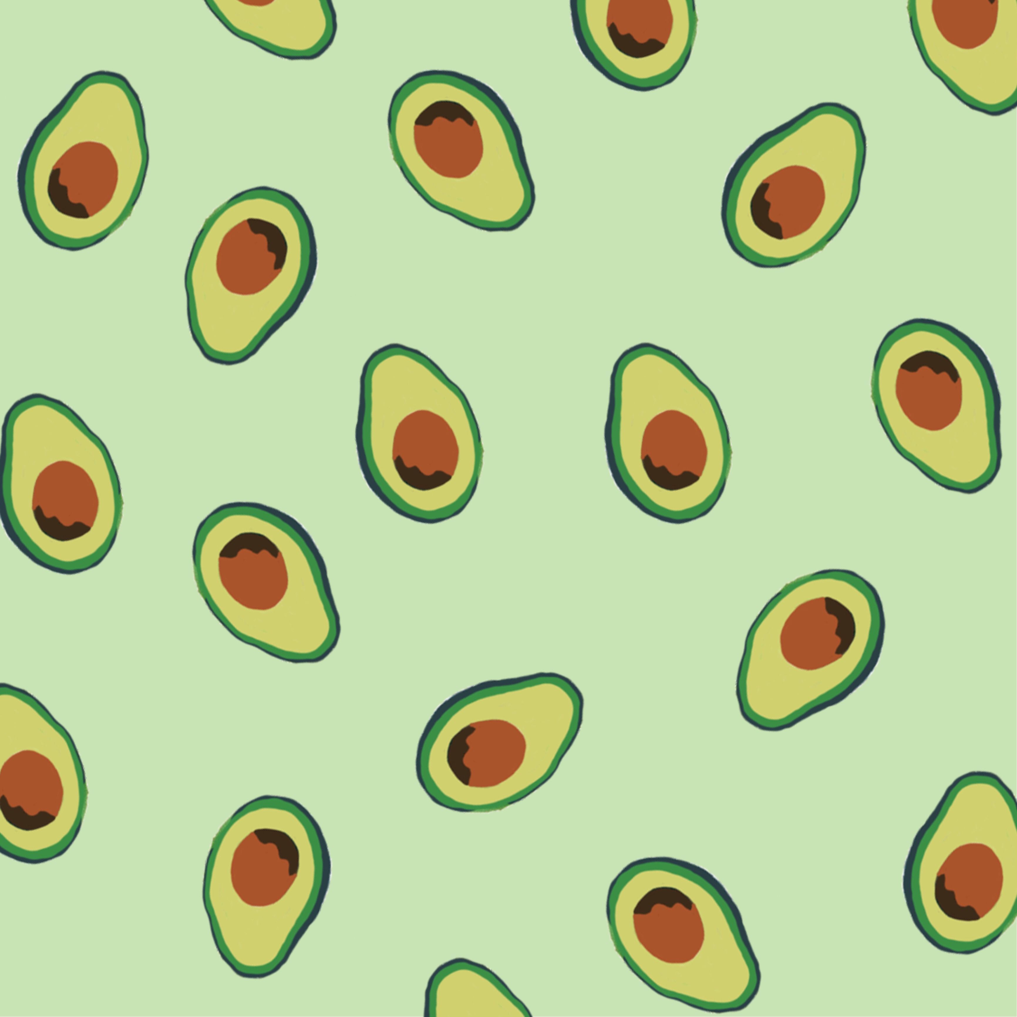 A green patterned background with illustrations of avocado halves. - Green, avocado, fruit