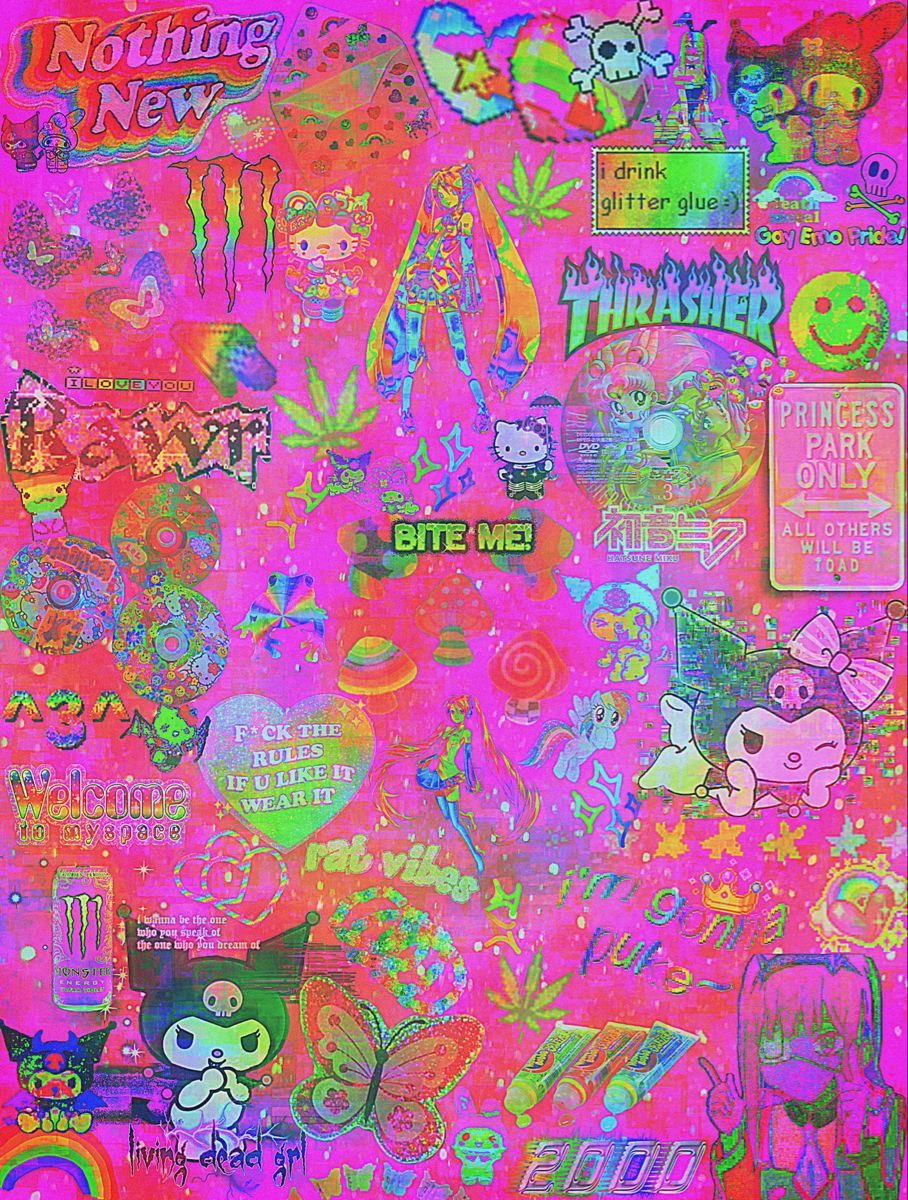 A pink background with various stickers and images on it. - Kidcore