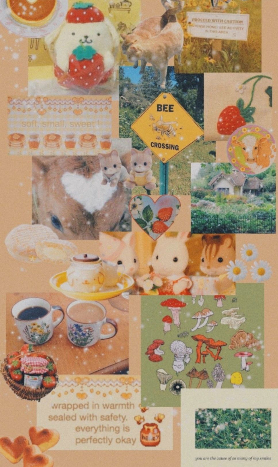 A collage of pictures of cute animals, tea, and nature. - Kidcore, bee