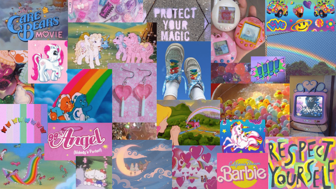 A collage of pictures with pink ponies - Kidcore
