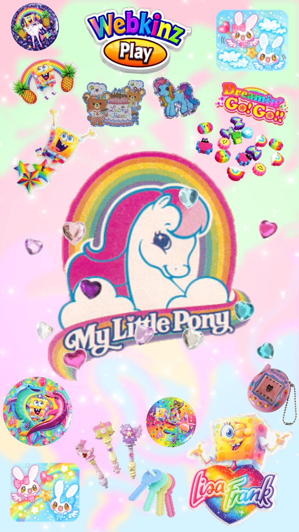 A colorful image of a My Little Pony logo with stickers of Lisa Frank characters around it. - Kidcore