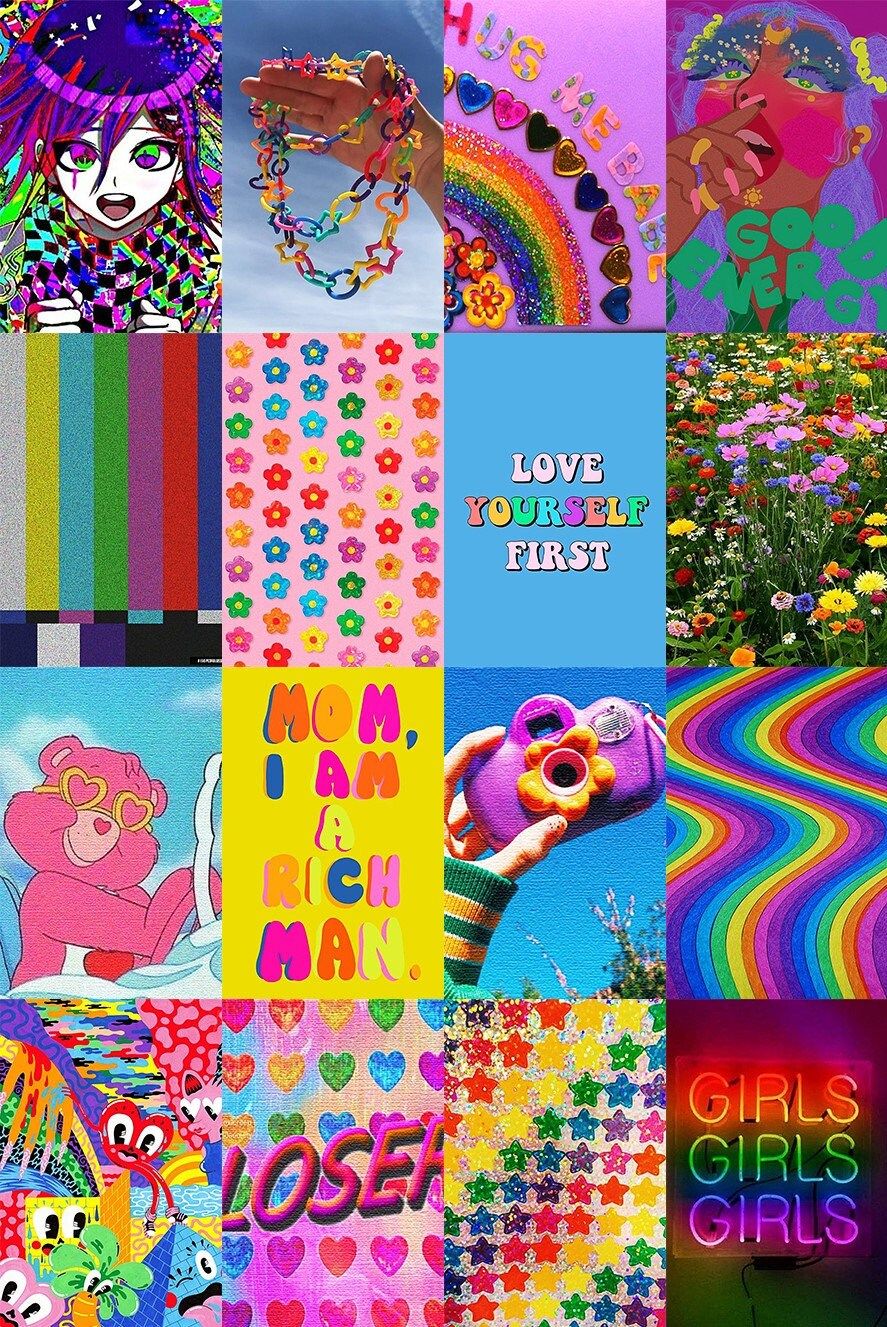 A colorful collage of images including a girl with rainbow hair, a neon sign that says 