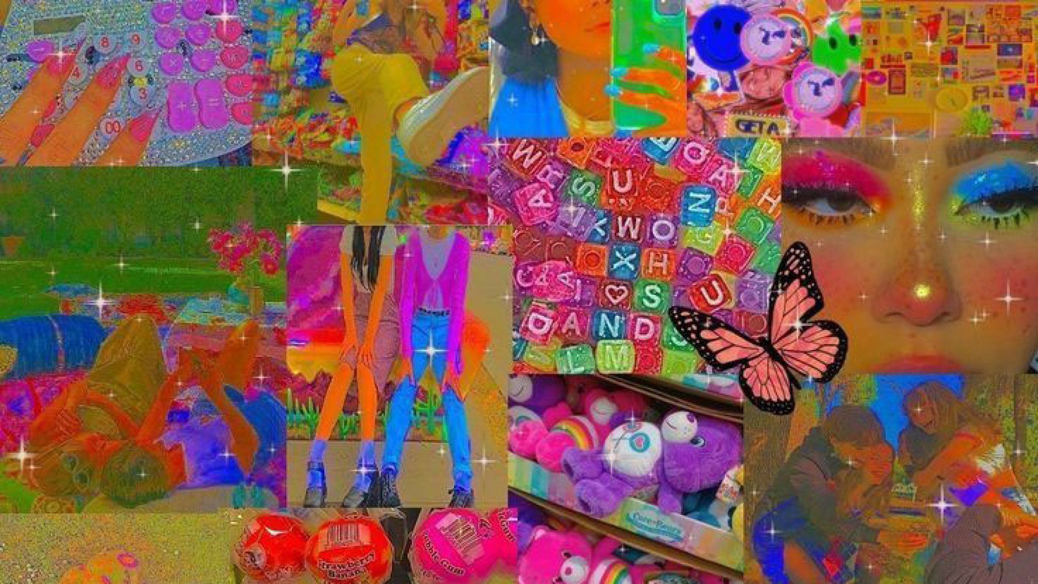 A collage of colorful pictures with butterflies and other items - Kidcore
