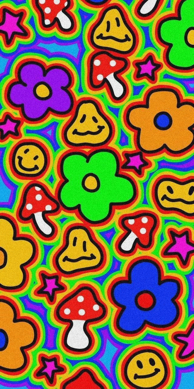 A psychedelic pattern with flowers and stars - Kidcore