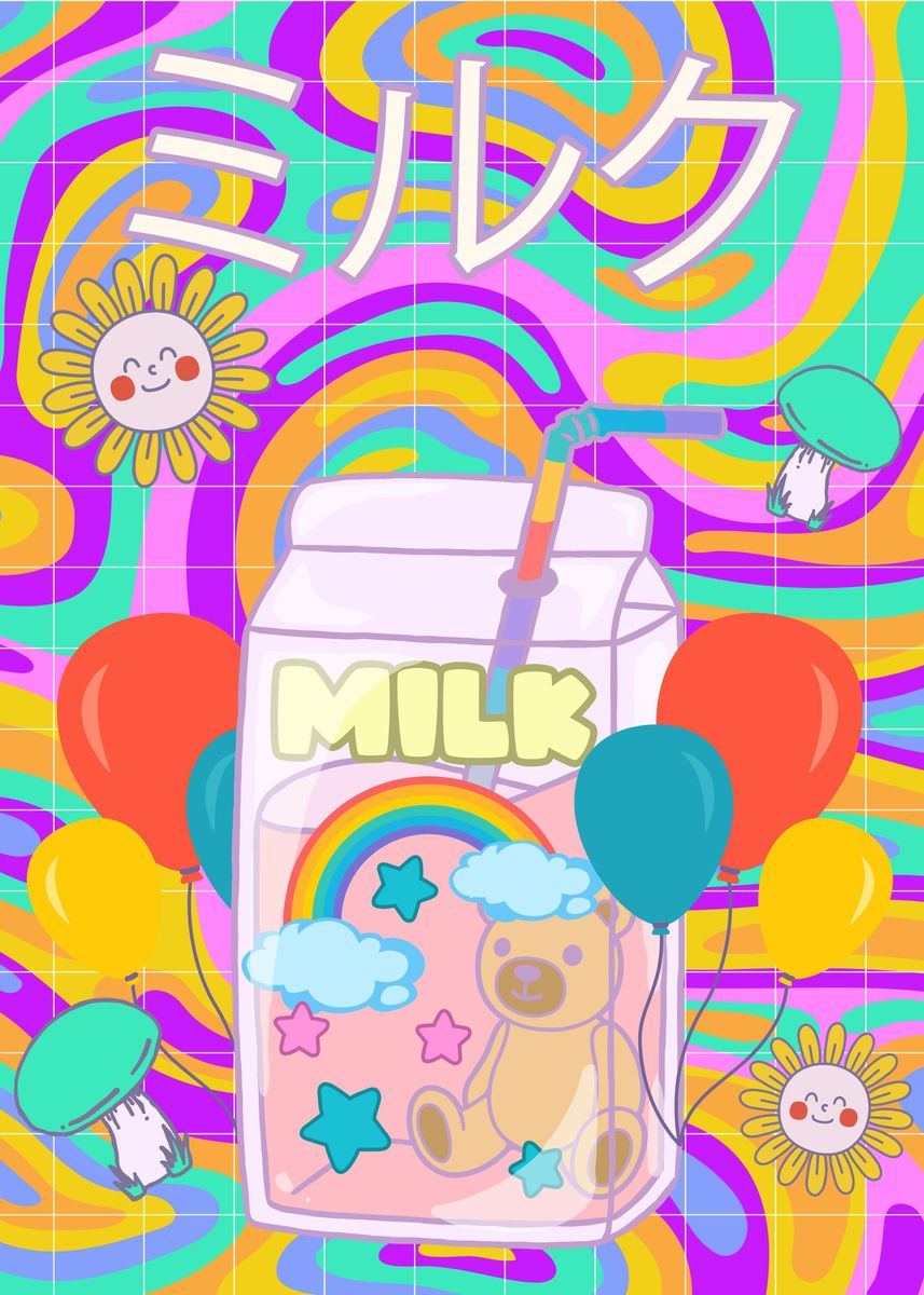 A colorful poster of a drink carton with the word milk on it - Kidcore