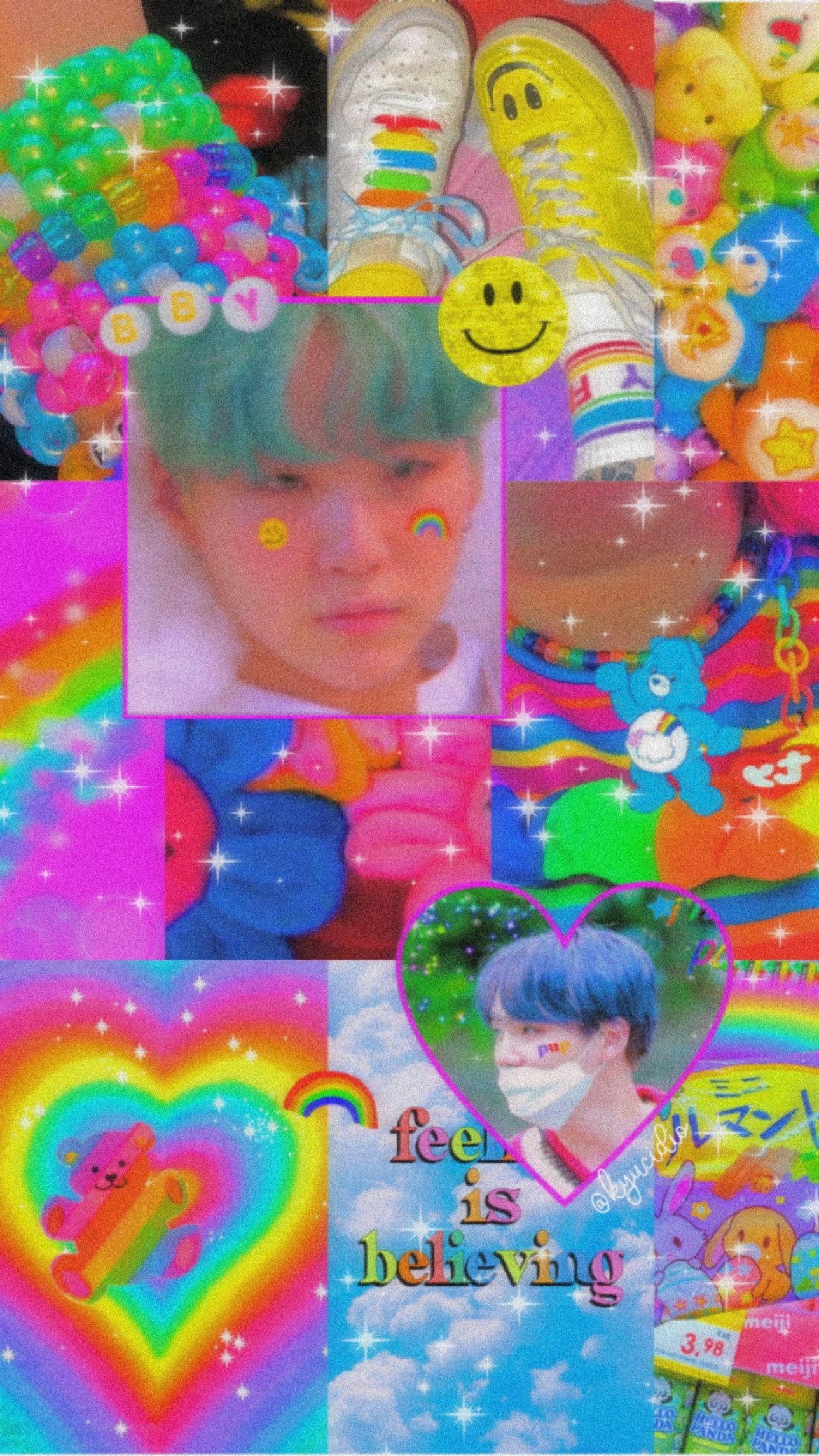 A collage of pictures of RM from BTS with a rainbow theme - Kidcore