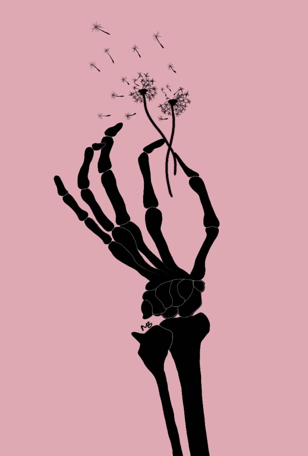 Skeleton hand holding a dandelion wallpaper background phone wallpaper - Skeleton