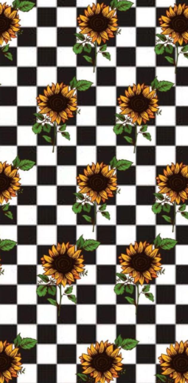 A sunflower pattern on black and white checkered background - Sunflower