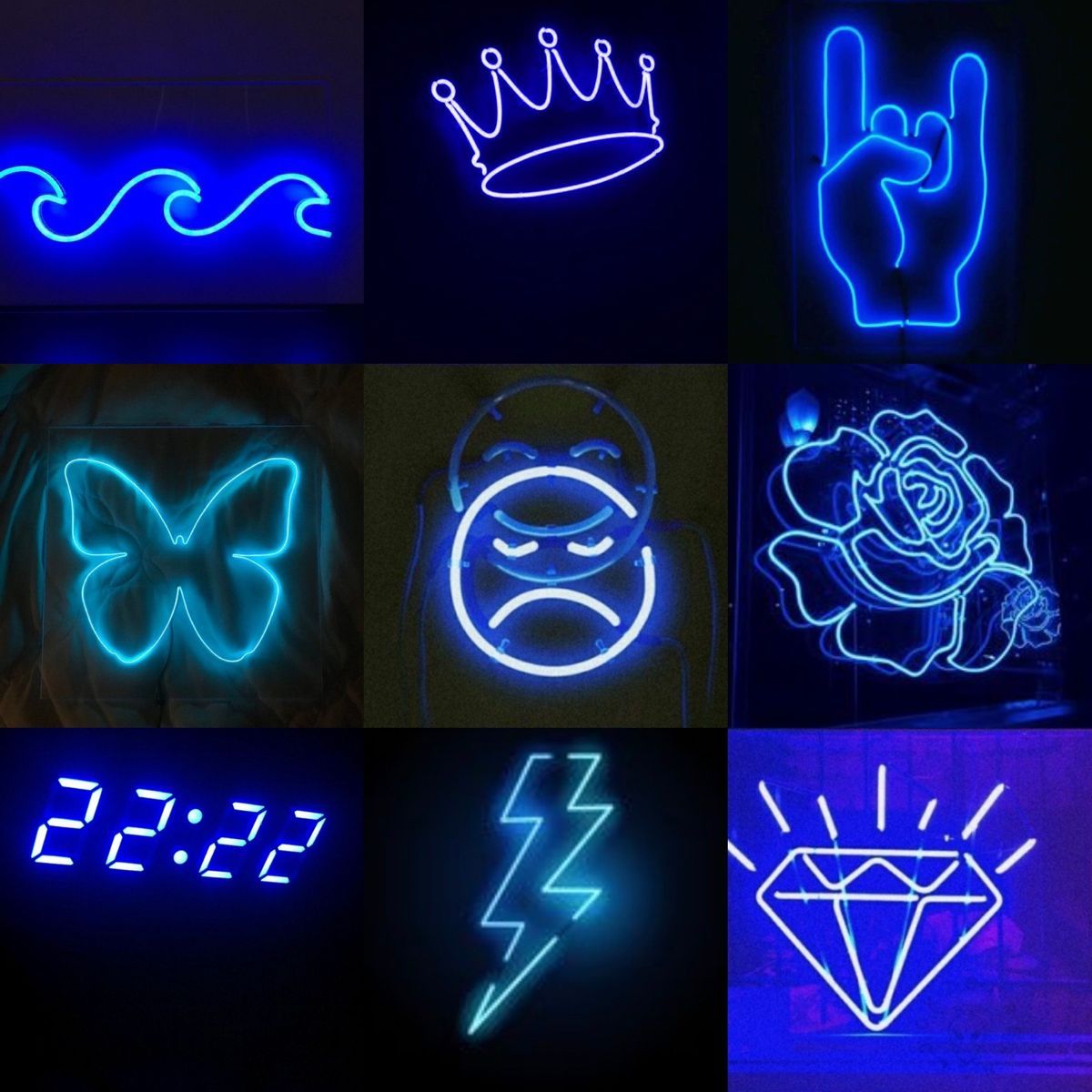 A collage of neon signs with different designs - Neon, neon blue, dark blue, navy blue
