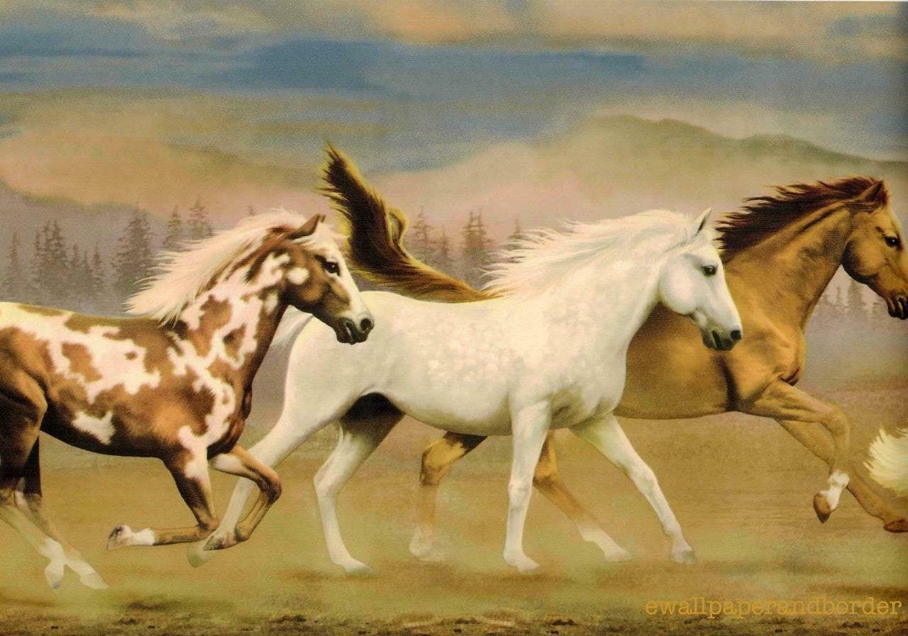 A picture of three horses running in a field. - Horse