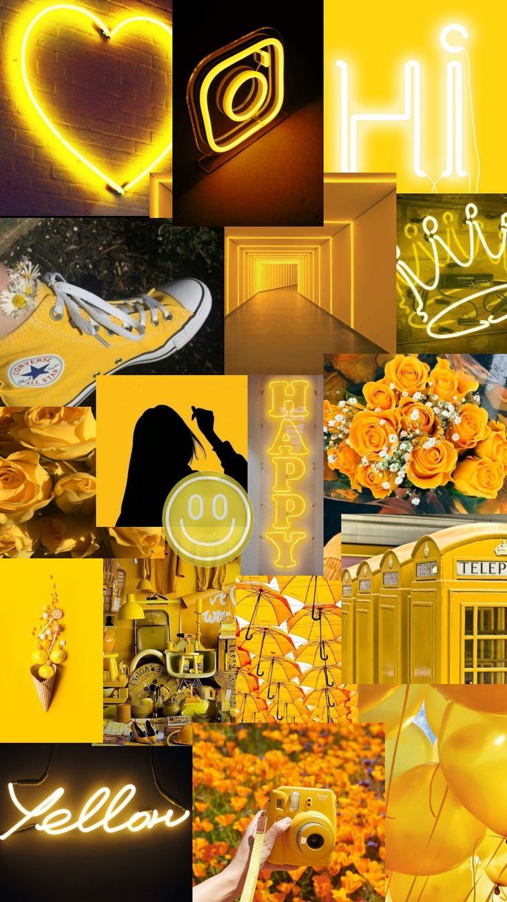 Aesthetic wallpaper collage of yellow images, including flowers, sneakers, and a smiley face. - Yellow