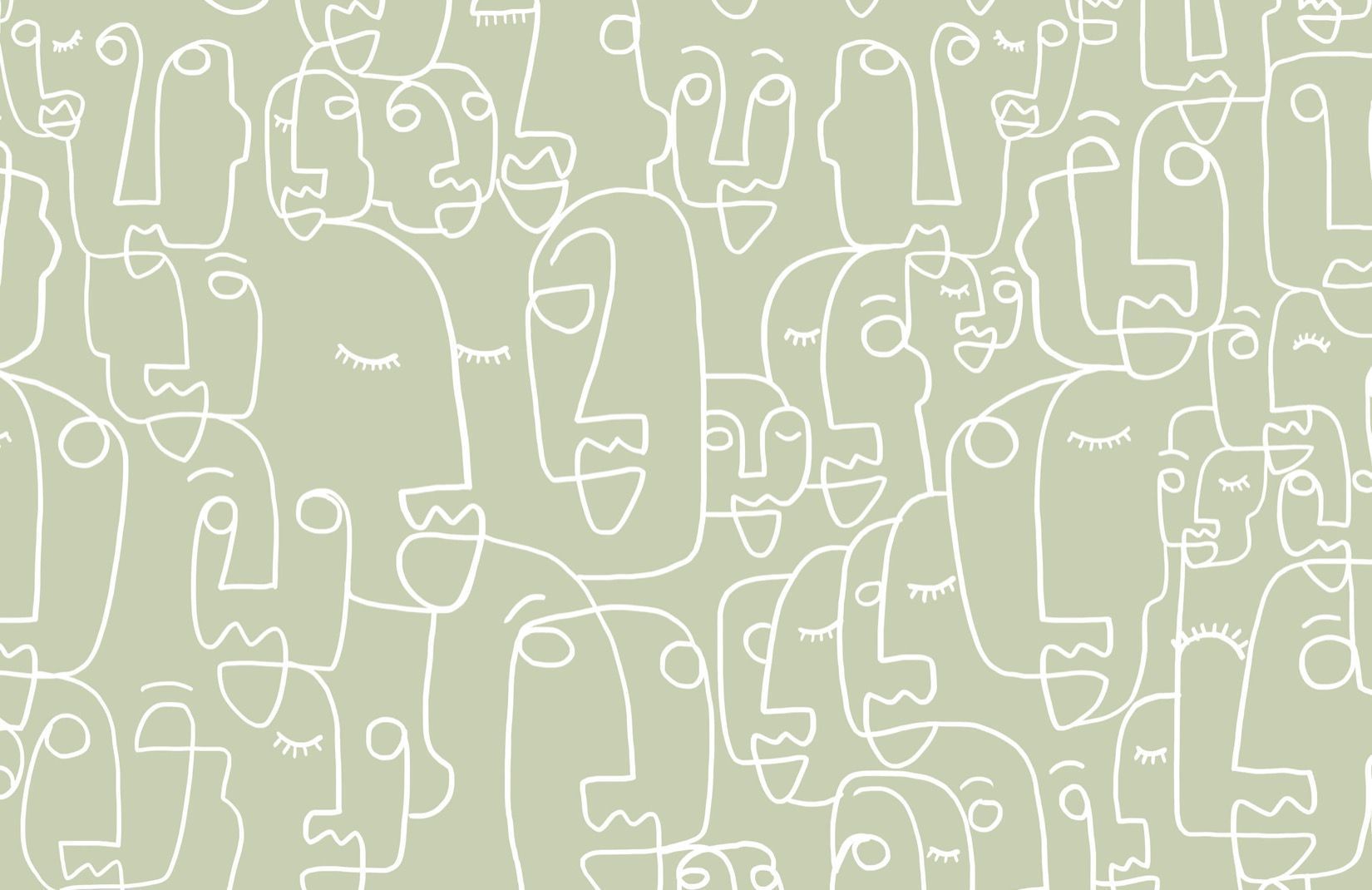 An abstract pattern of faces in white on a pale green background - Sage green