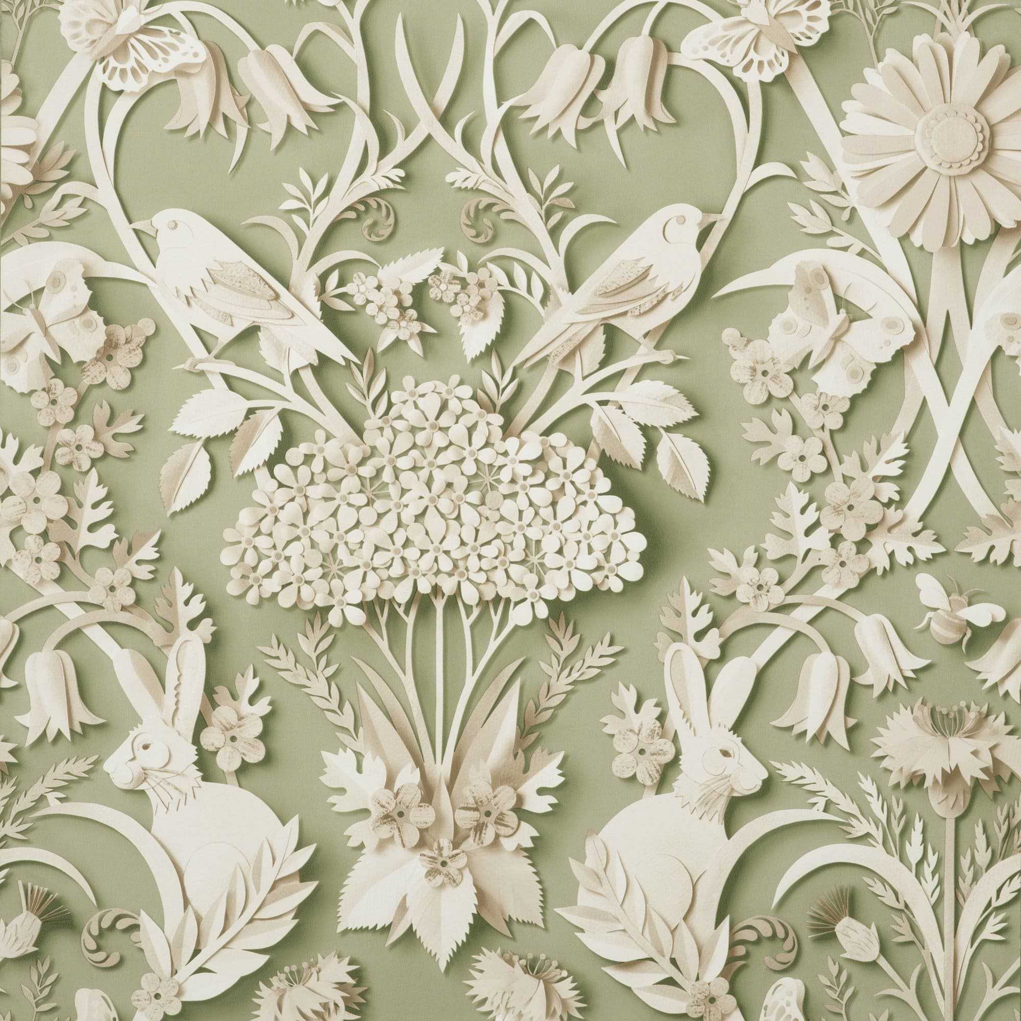 A wallpaper with flowers and animals on it - Sage green