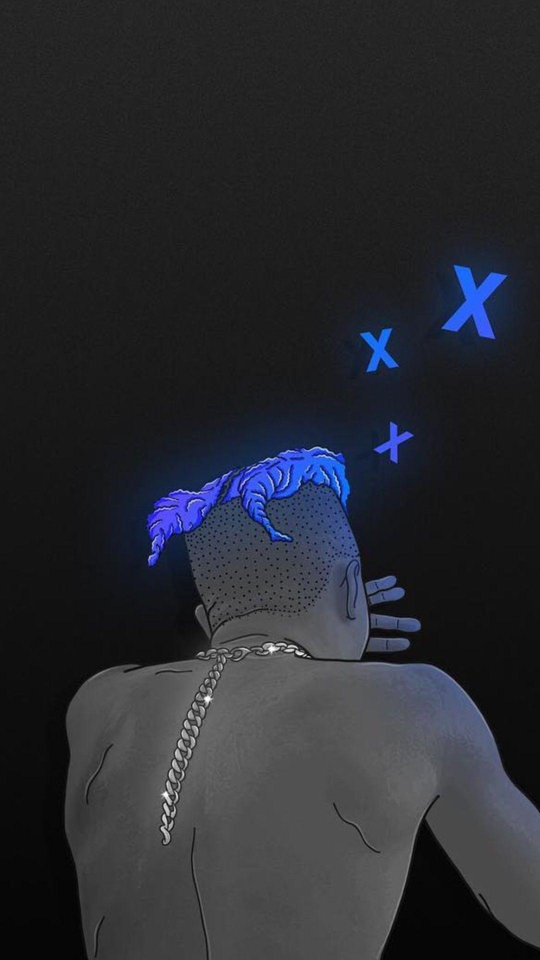 A man with blue hair and an x on his back - XXXTentacion