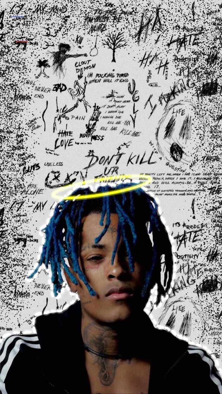 A person with blue hair and an angel on his head - XXXTentacion