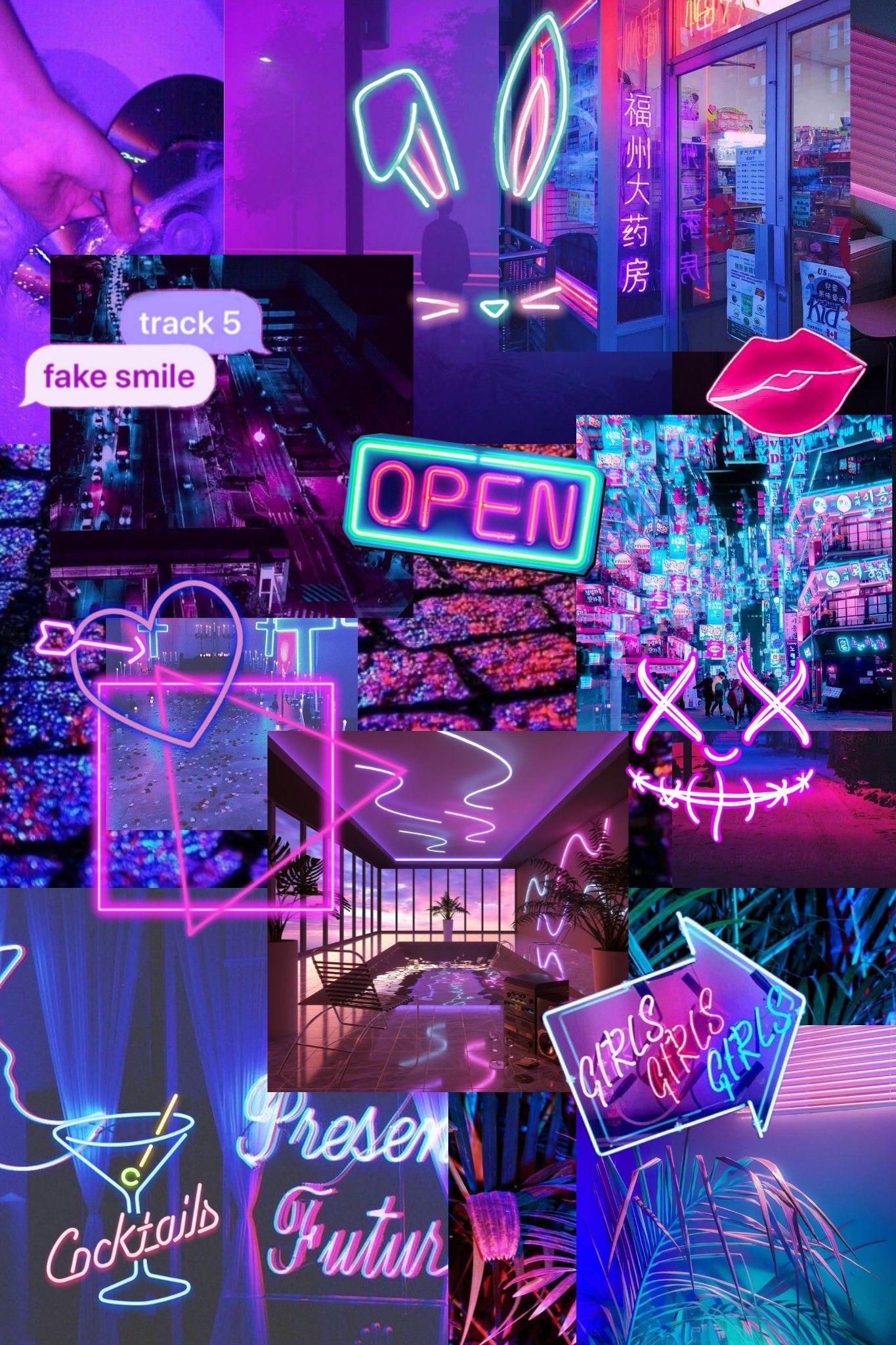 Aesthetic phone background with purple and blue neon lights - Neon, collage