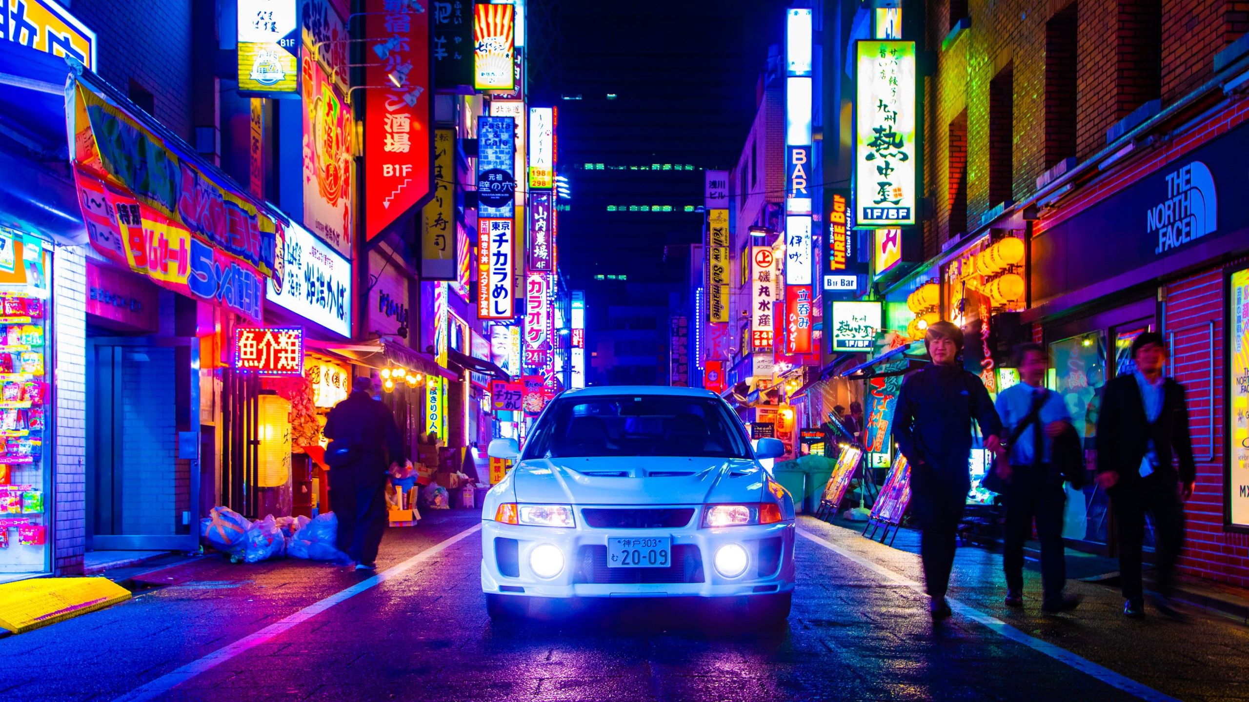 frontal view, Japan, Headlights, white cars, city, Mitsubishi Lancer Evo V, night, JDM, neon Gallery HD Wallpaper