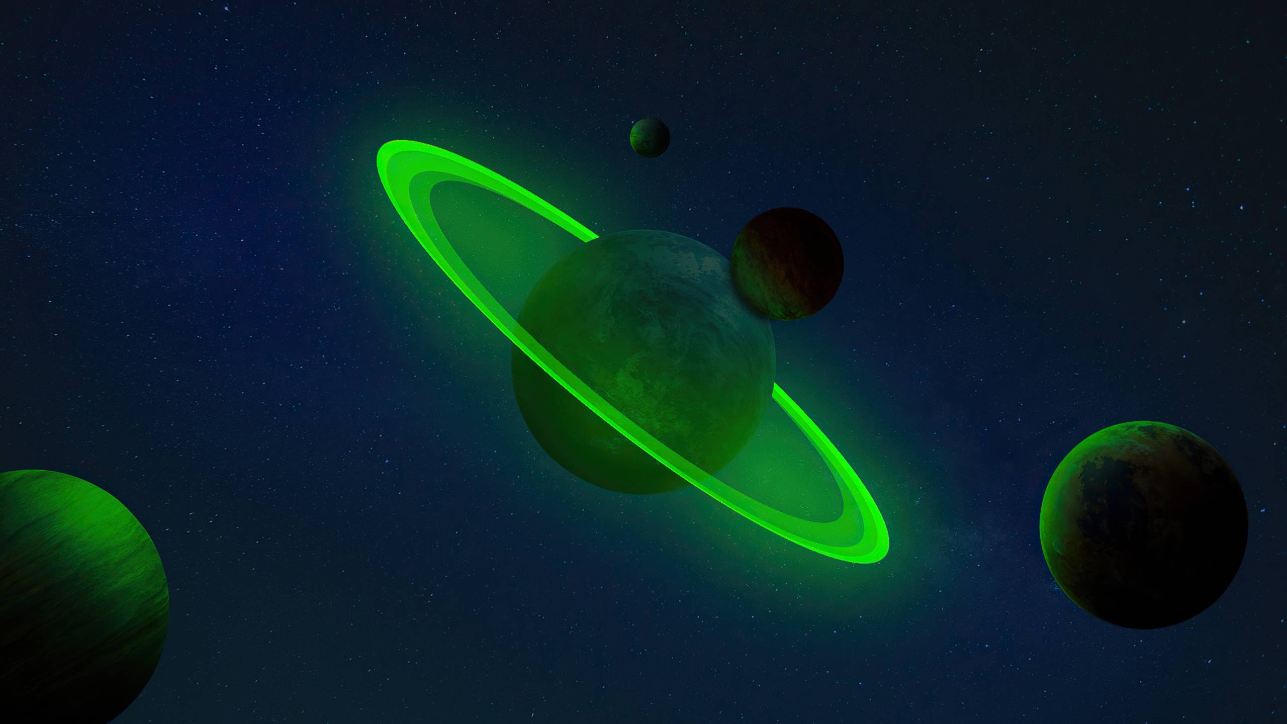 A green ringed planet in space - Neon green, lime green, space